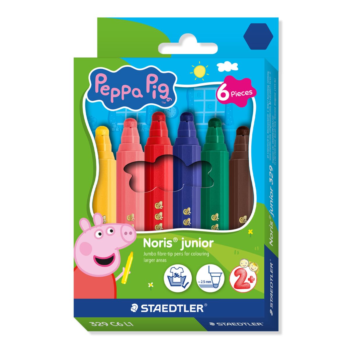 STAEDTLER Peppa Pig Noris Junior Jumbo Felt-Tip Pens for Toddlers | Pack of 6 | Multicolor