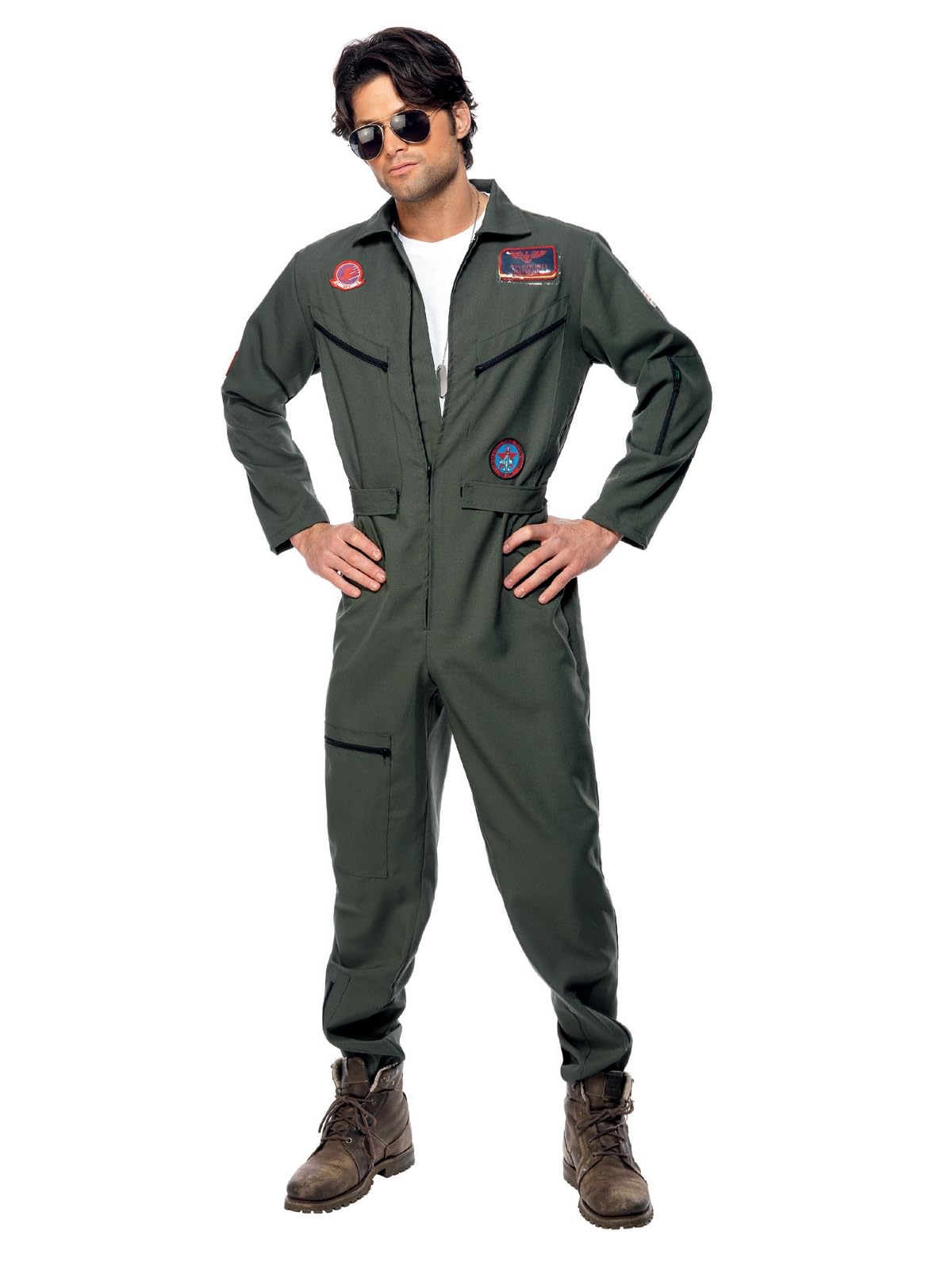 Smiffys Top Gun Costume - Official Licensed Adult Green Jumpsuit with Glasses & Badges | Size L (42'-44')