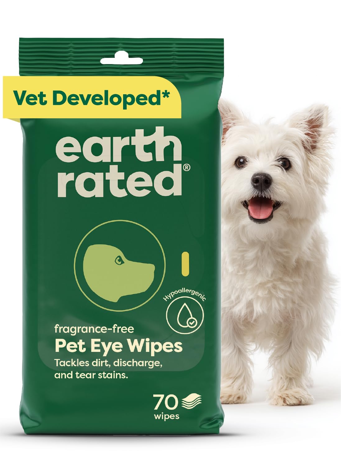Earth Rated Vet-Developed Hypoallergenic Pet Eye Wipes for Dogs | Unscented, 70 Count