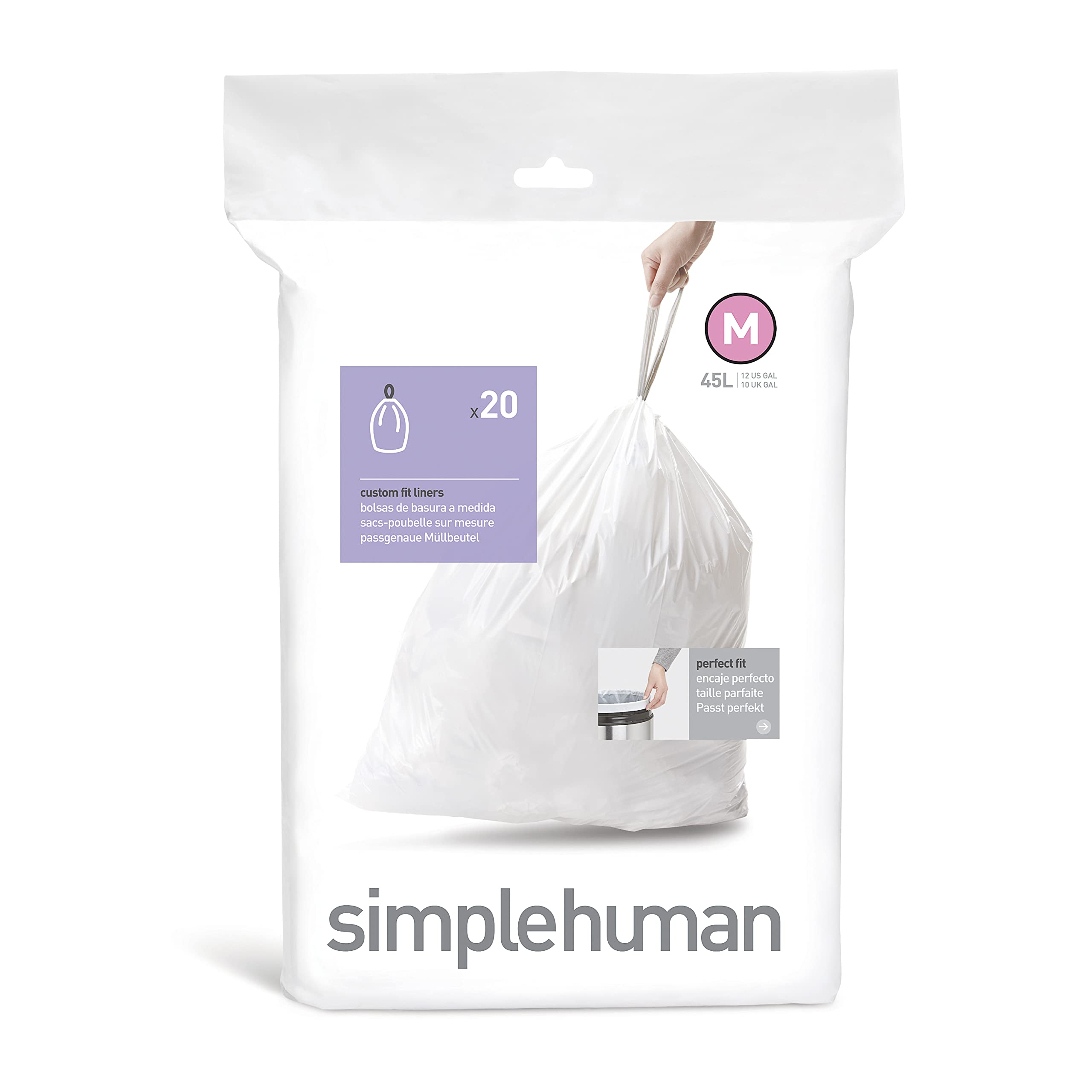 simplehuman CW0173 Code M Custom Fit Bin Liners - 45L Capacity, White Plastic, 20 Count