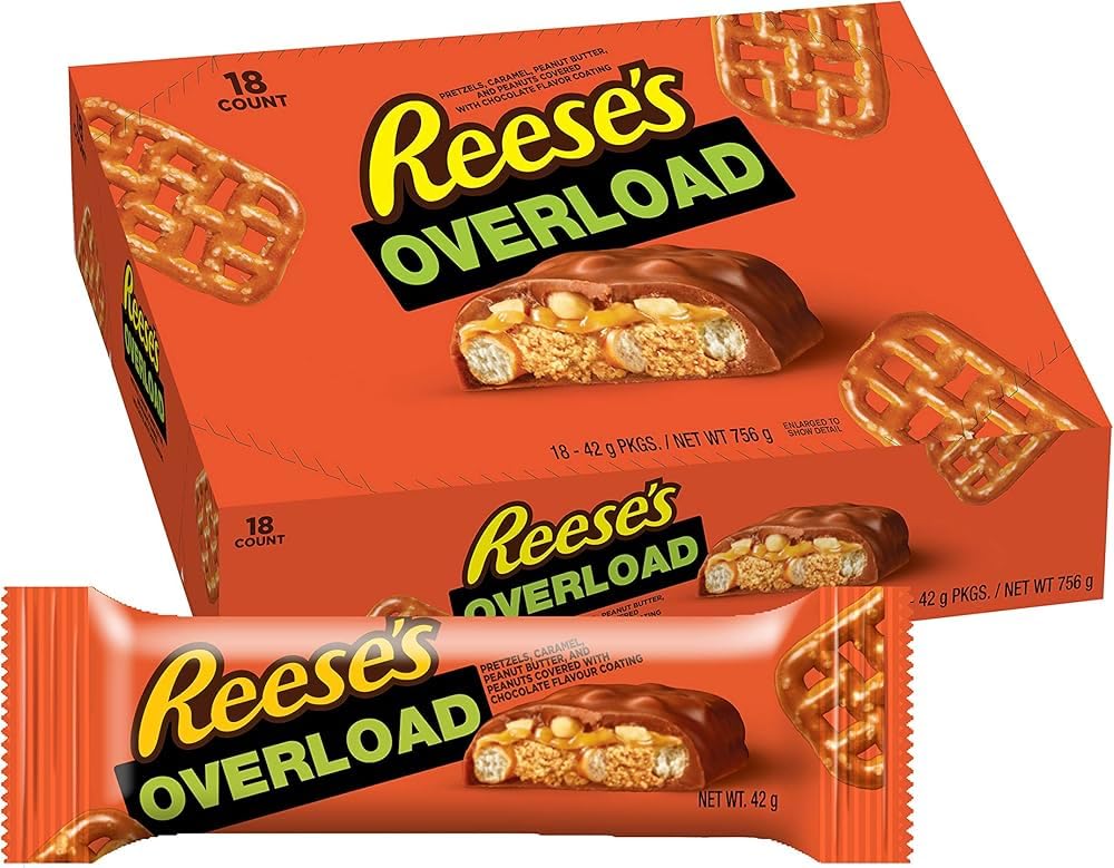Reese's Overload Erdnussbutter-, Karamell- und Brezel-Schokoriegel – 18er-Packung (je 42 g)