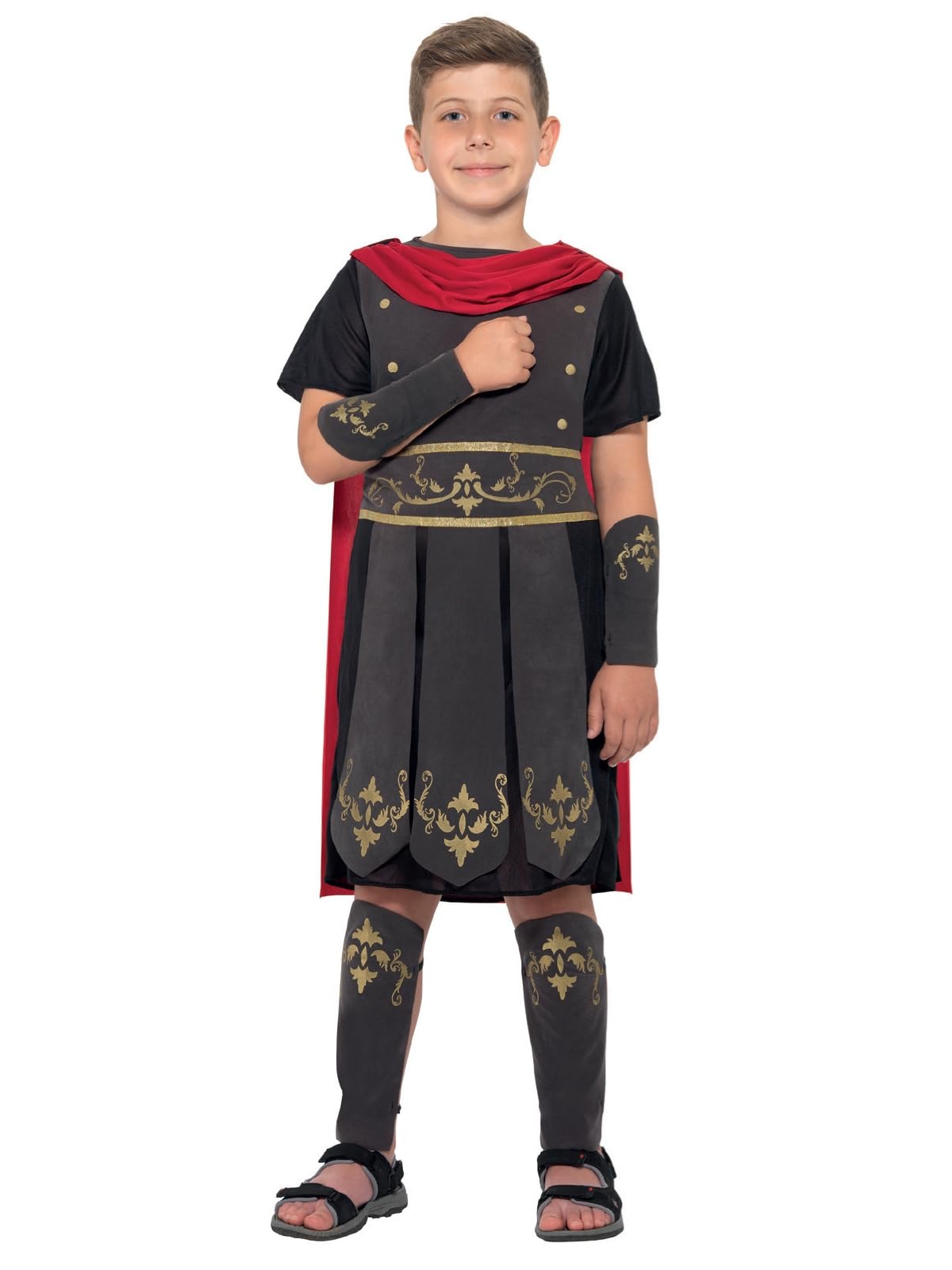 Smiffys Roman Soldier Costume Boys Black Tunic with Attached Cape Arm and Leg Cuffs, Child Gladiator Warrior Fancy Dress Outfit for World Book Day Halloween Parties Age 7-9
