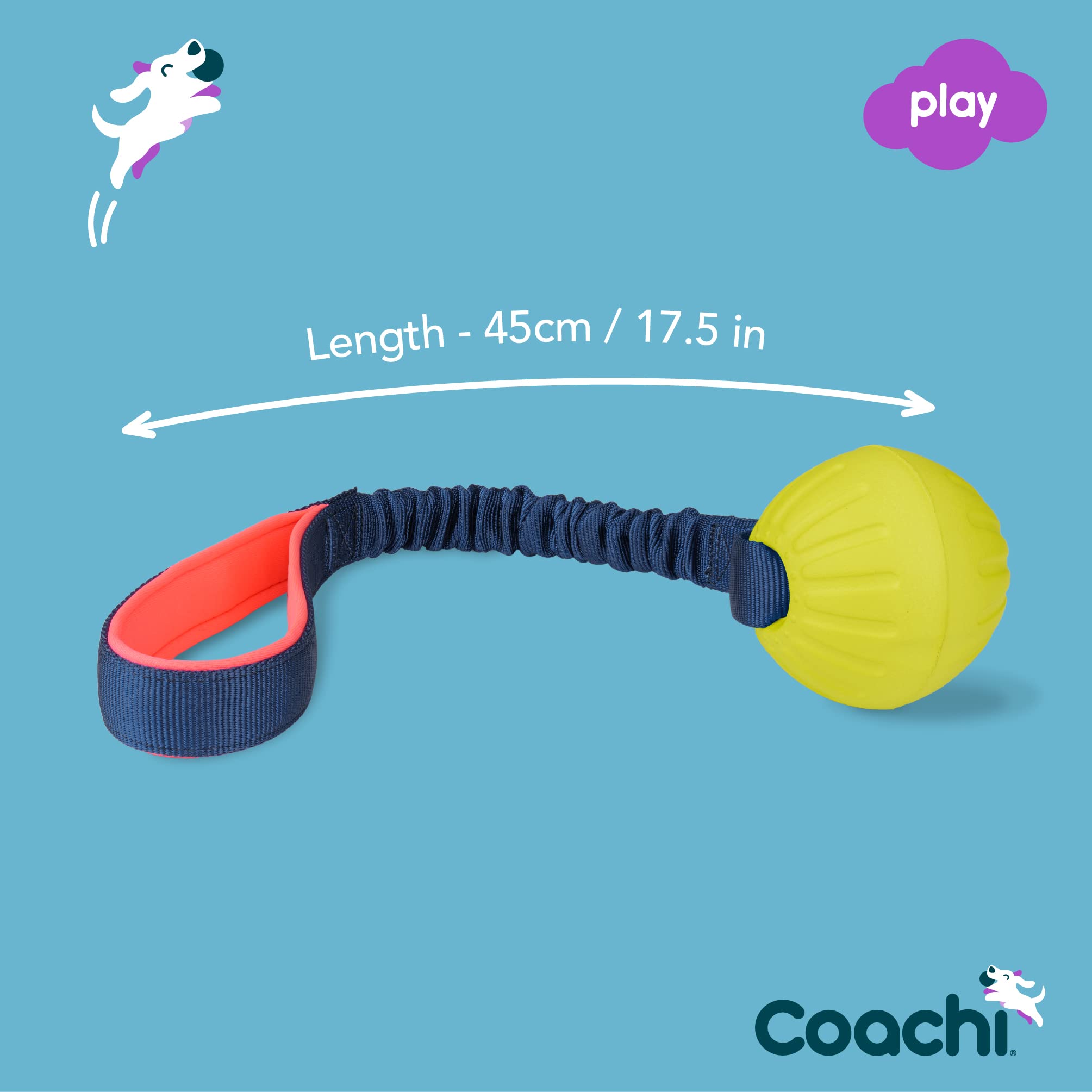 Coachi Tuggi Ball - Interactive Dog Toy for Tug of War & Fetch | Bungee Handle | Navy, Coral & Lime 4