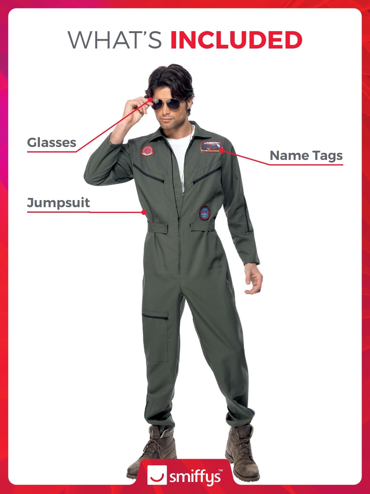 Smiffys Top Gun Costume - Official Licensed Adult Green Jumpsuit with Glasses & Badges | Size L (42'-44')