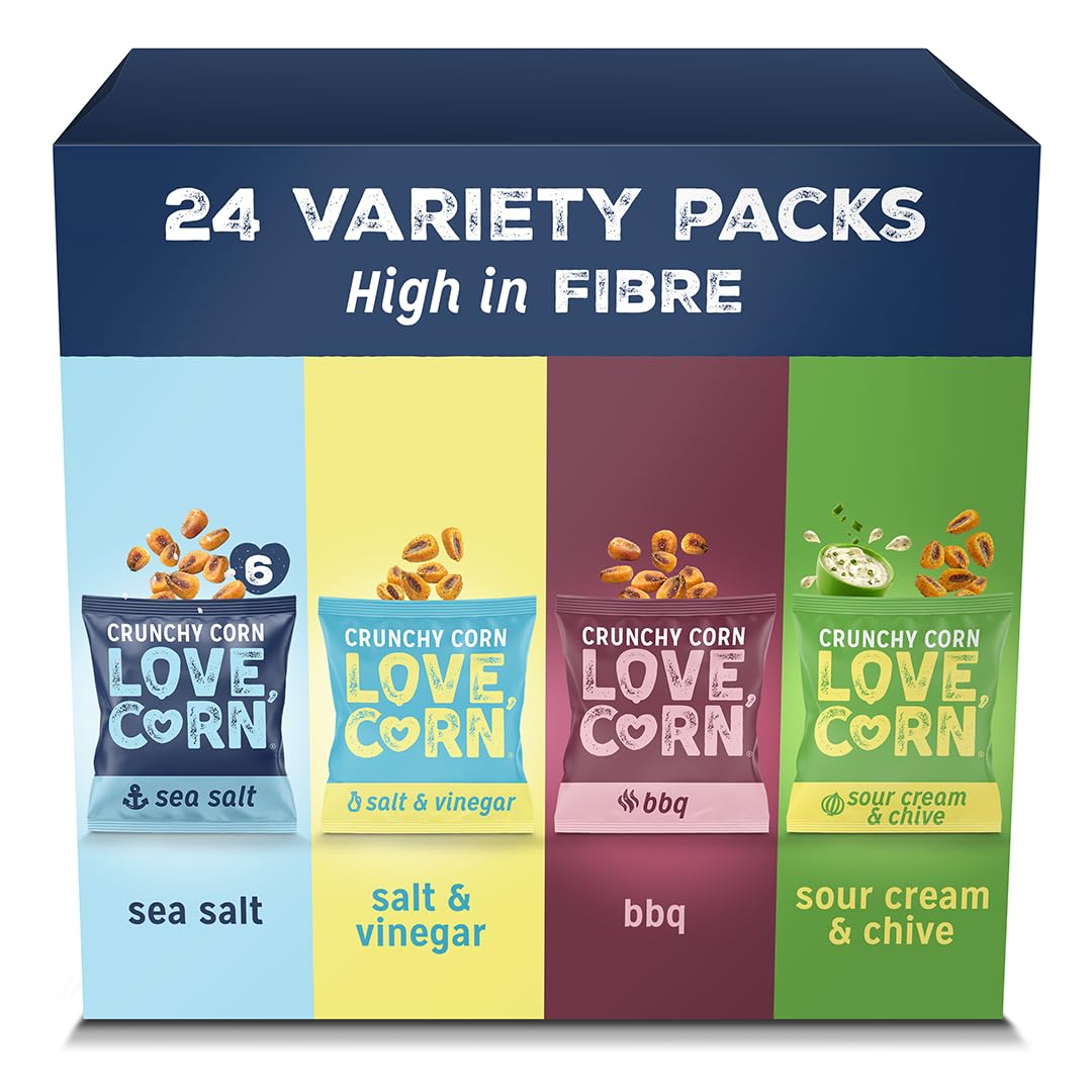 LOVE CORN Sharing Snack Variety Pack - Sea Salt, BBQ, Vinegar & Sour Cream (24 x 20g) 1