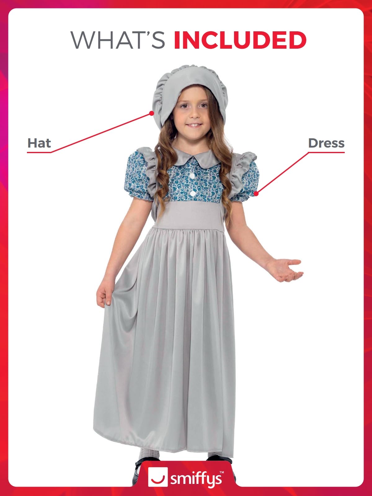 Smiffys Victorian School Girl Costume - Age 7-9 Years | Grey | Polyester 2