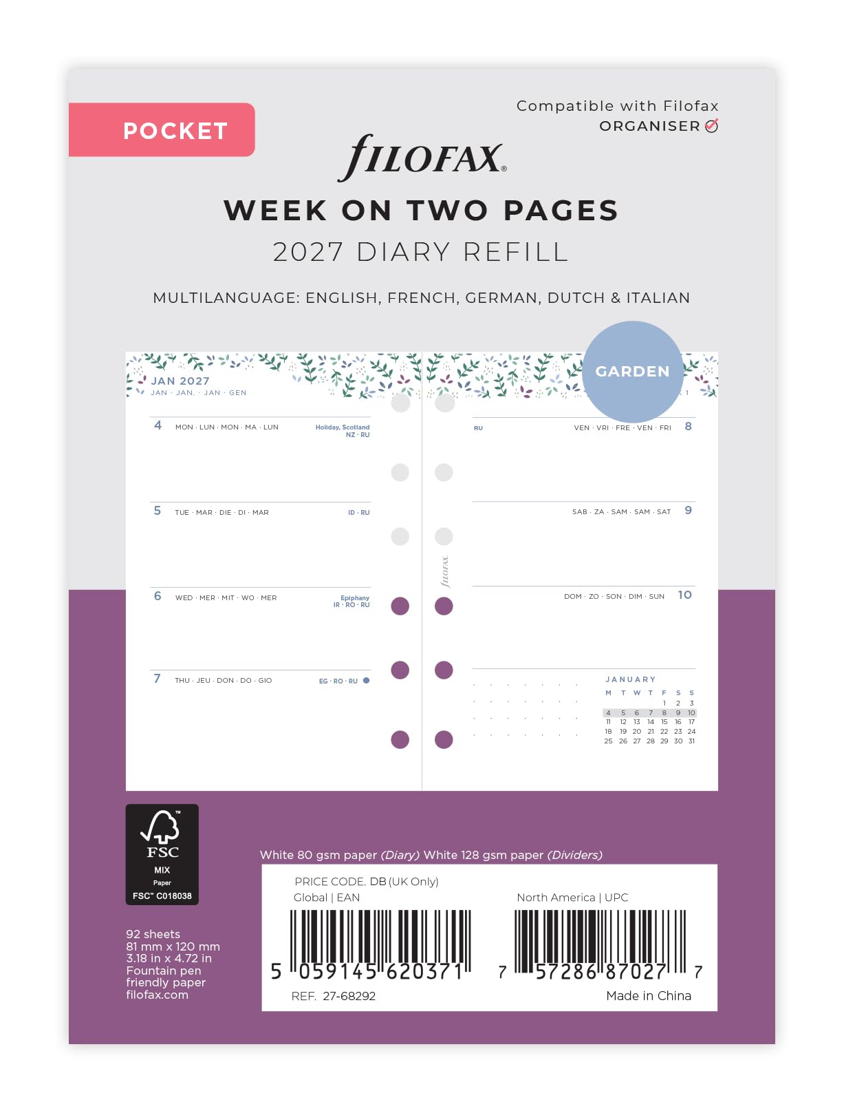 Filofax Pocket Garden 2027 Diary Refill - Week to View | Floral Design | 81mm x 120mm