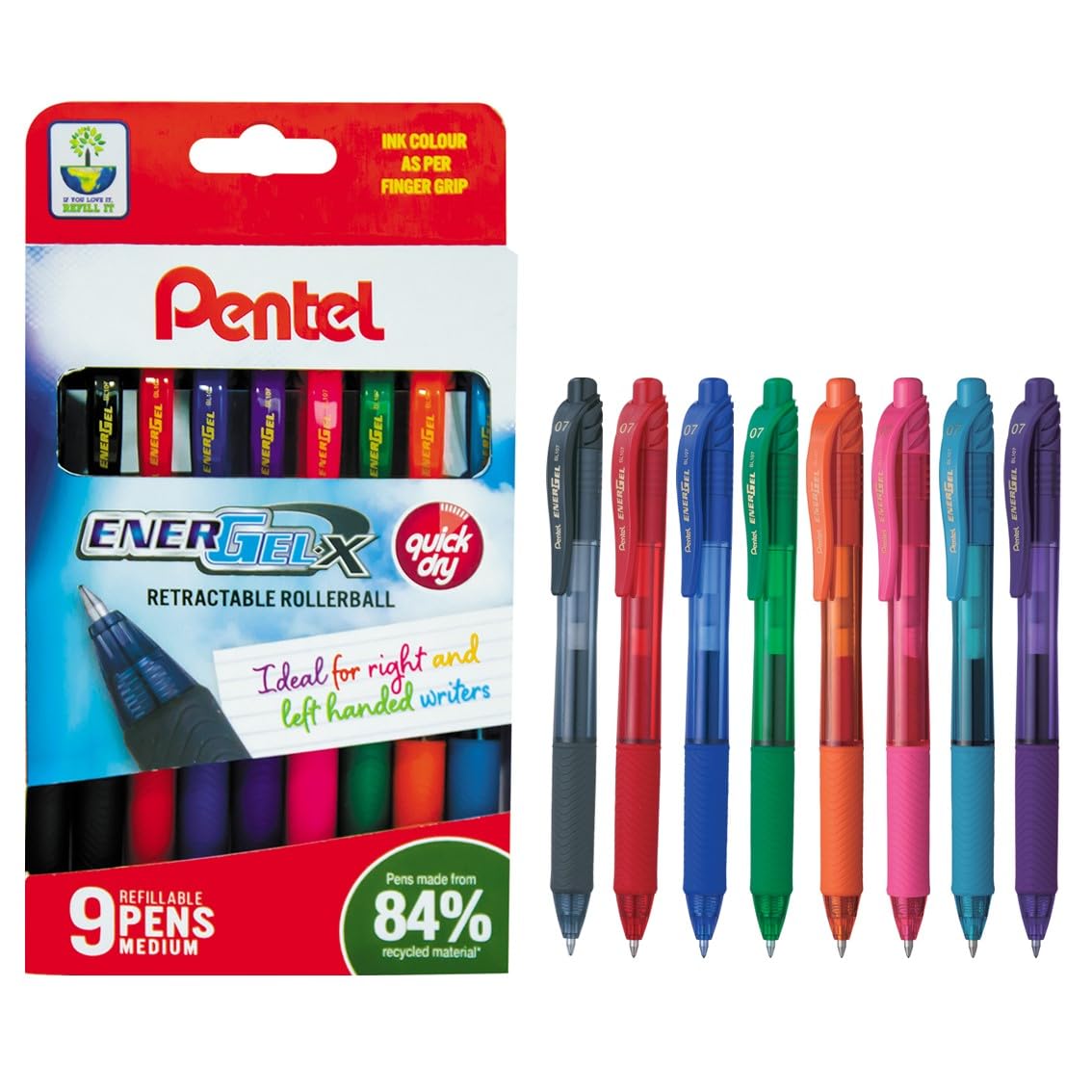 Pentel EnerGel X Gel Ink Rollerball Pen - 0.7mm Medium Tip, Assorted Colors, Pack of 9 | Refillable