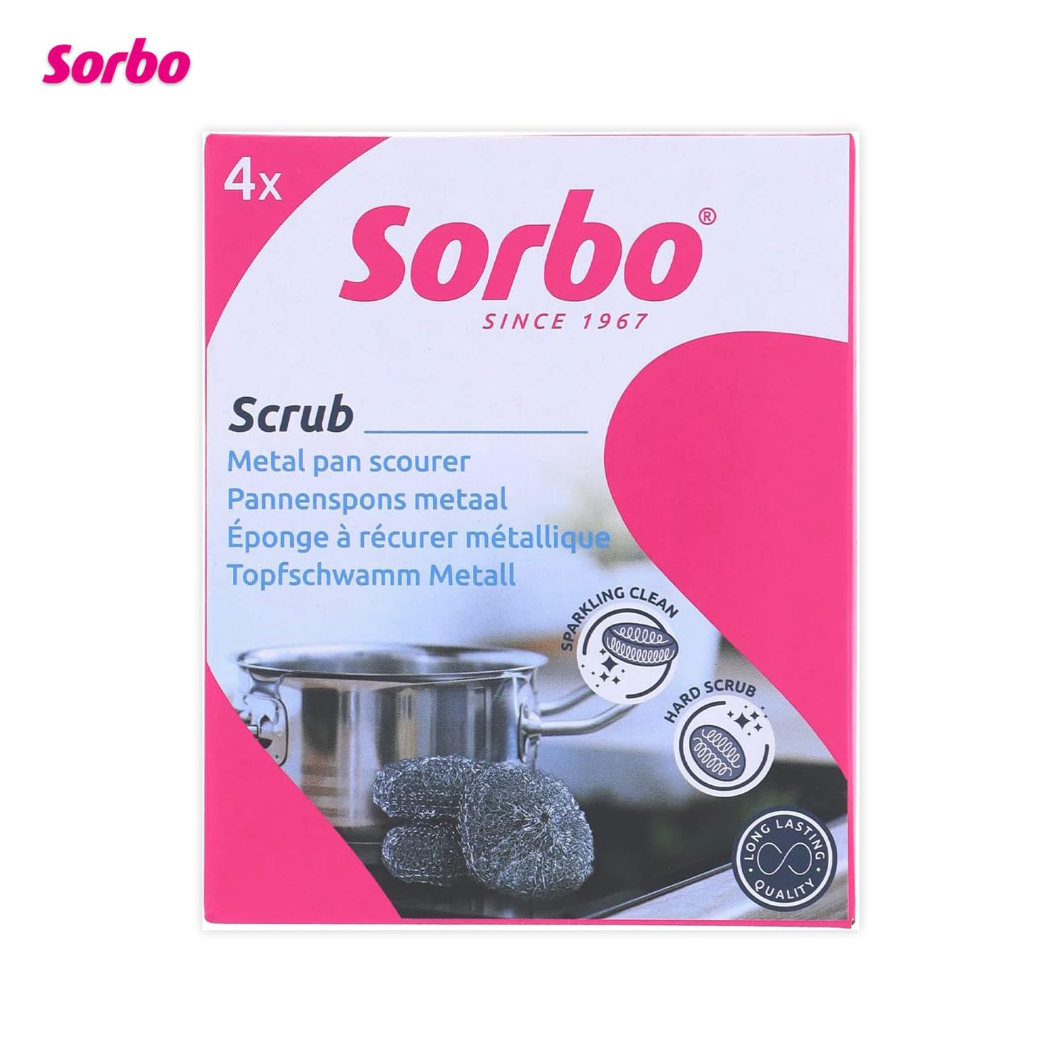 Sorbo Metal Pan Scourers - Heavy-Duty Steel Wool Pads for Tough Grease | 4 Pack 4