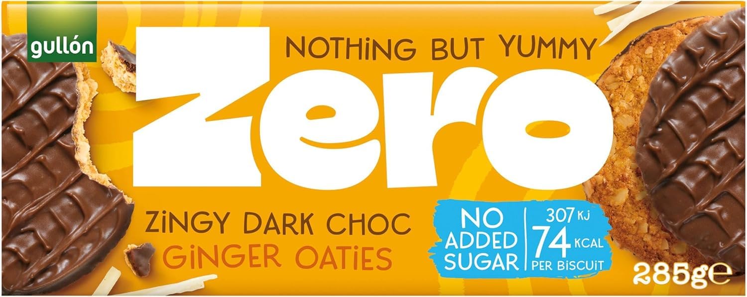 Gullon Zero No Added Sugar Dark Chocolate Ginger Oaties - High Fibre, 74 Kcal per Biscuit | 285g