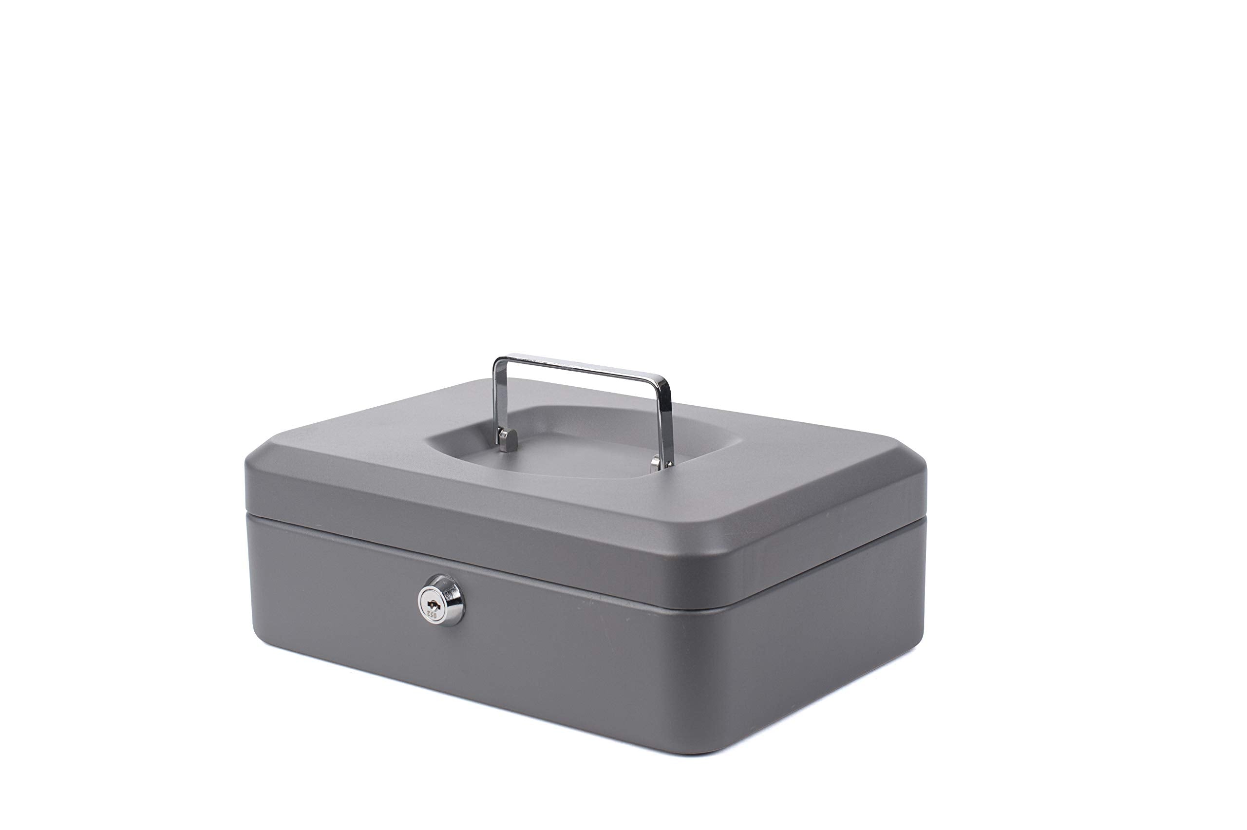 Pavo Premium 10-Inch Metal Cash Box | Key Lock | Removable Tray | Grey