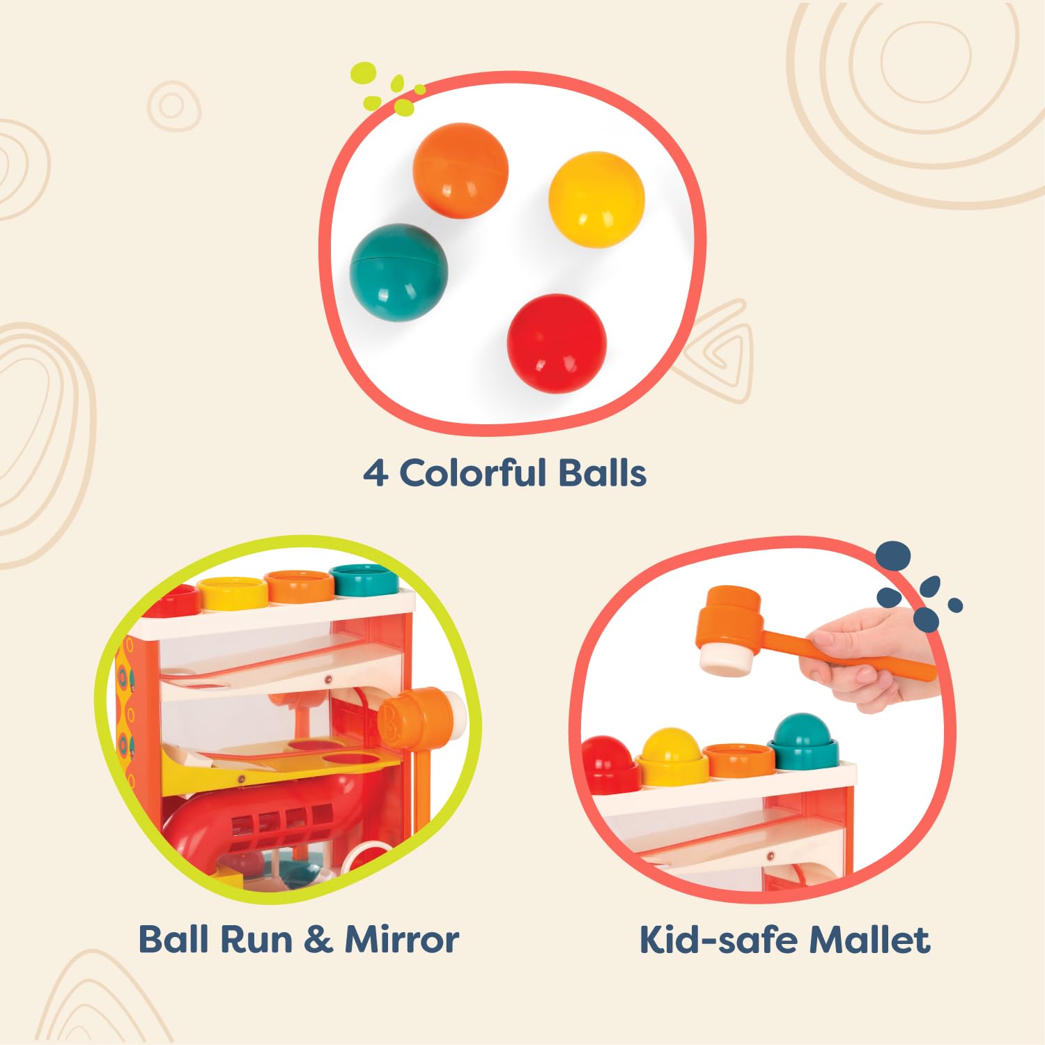 B. toys Whacky Ball - Pounding Toy with 4 Colorful Balls & Hammer for Toddlers 4