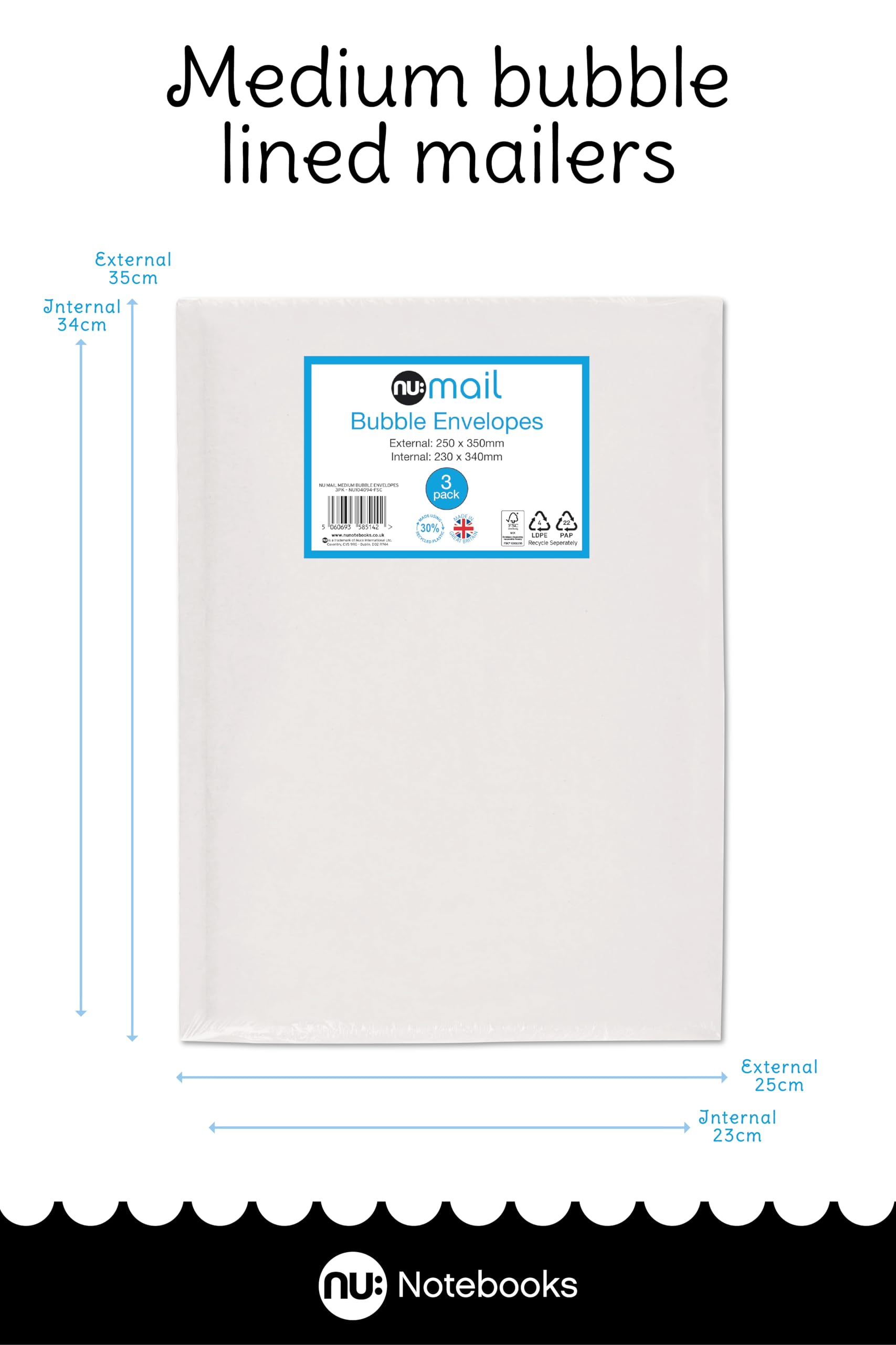 nu: Mail Padded Bubble Envelope Medium - Protective Packaging | 3 Pack | White 3