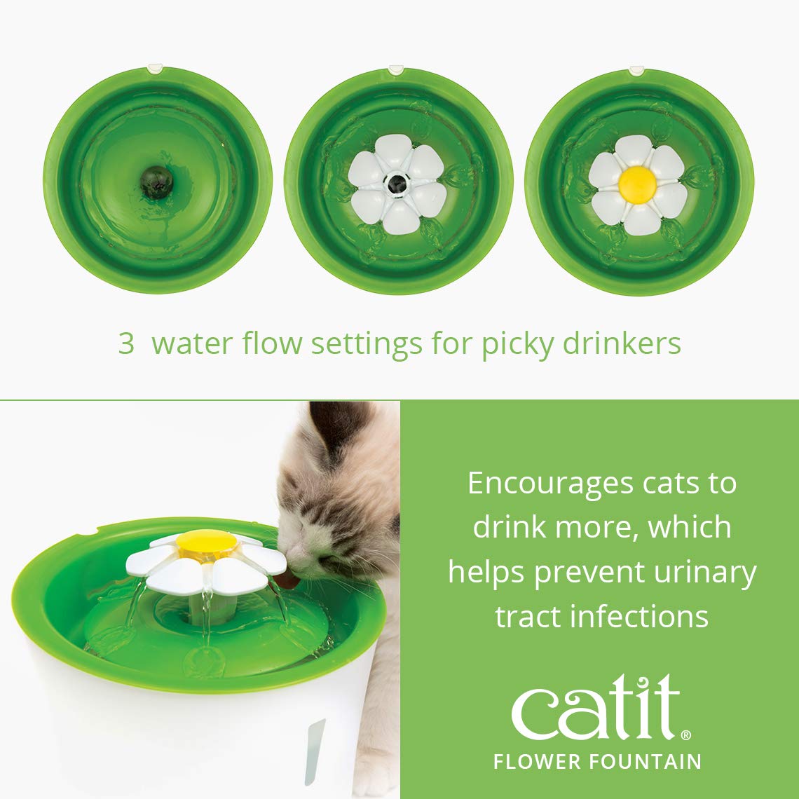 Catit Flower Cat Water Fountain | 3 Flow Settings | Triple Action Filtration | Green 3