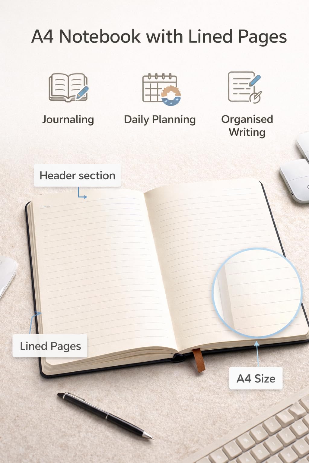 1ABOVE A4 Soft Feel Executive Notebook - Blue Hardback Journal with Elastic Closure | 160 Lined Pages 4