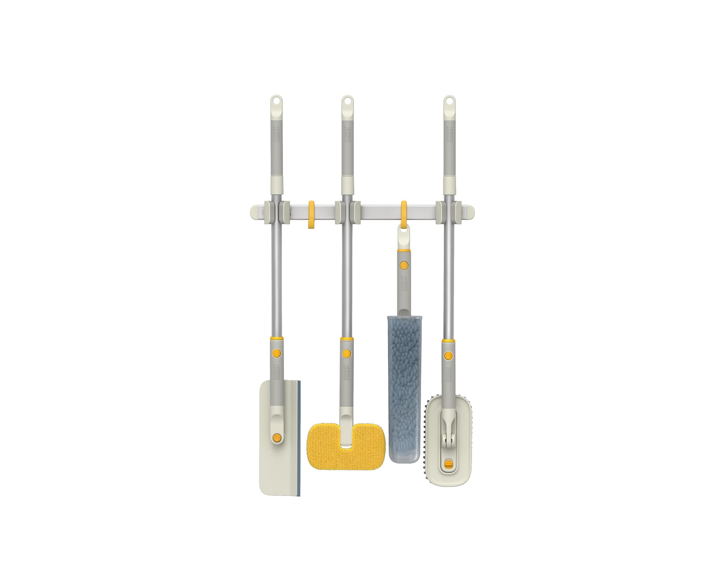 Joseph Joseph CleanTech Utility Tool Storage Rail with 3 Pole Grips & 3 Hooks | Silver-grey Aluminium