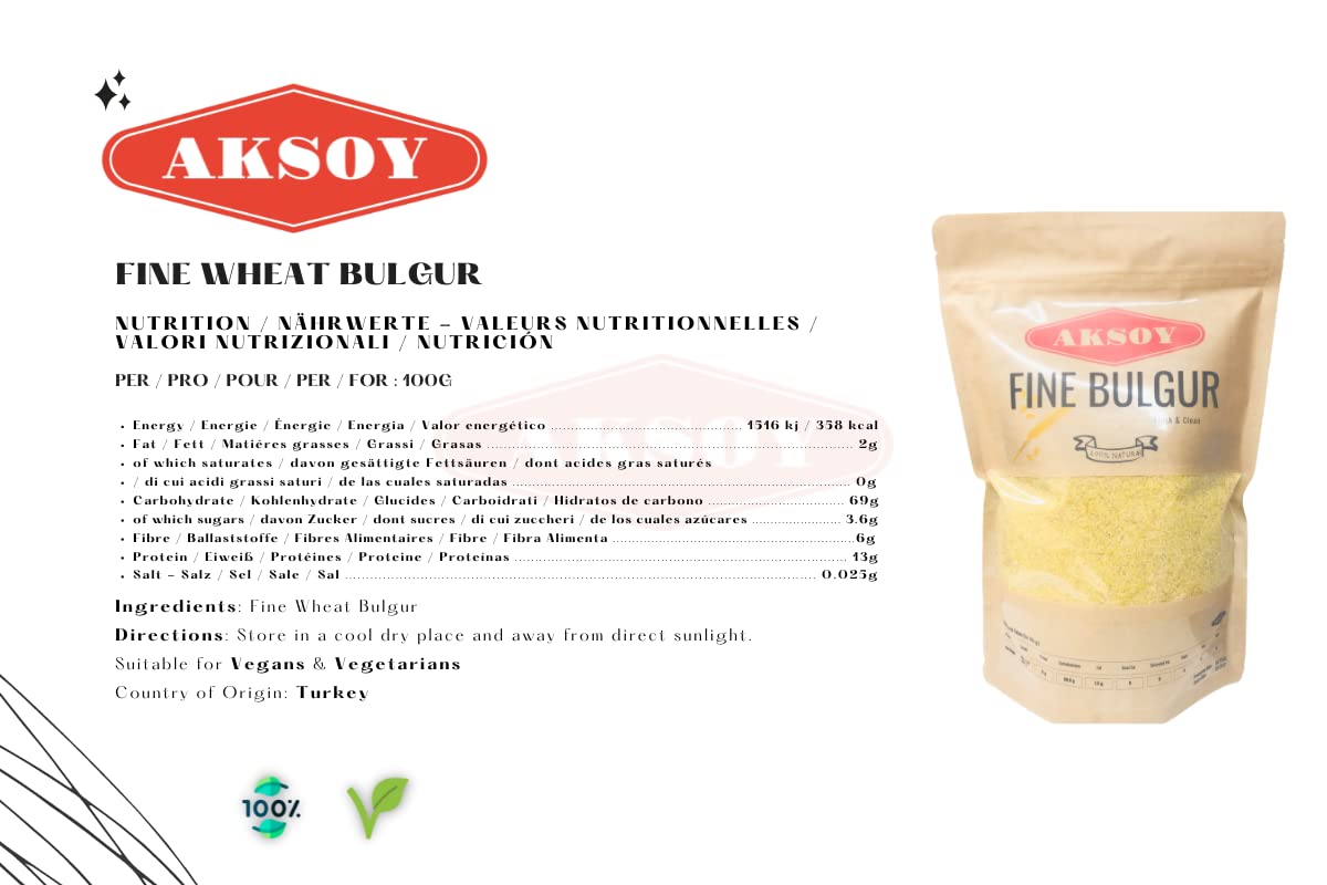 AKSOY Fine Bulgur Wheat - 1.25KG Pouch | Ideal for Salads & Meatballs | Vegan 3