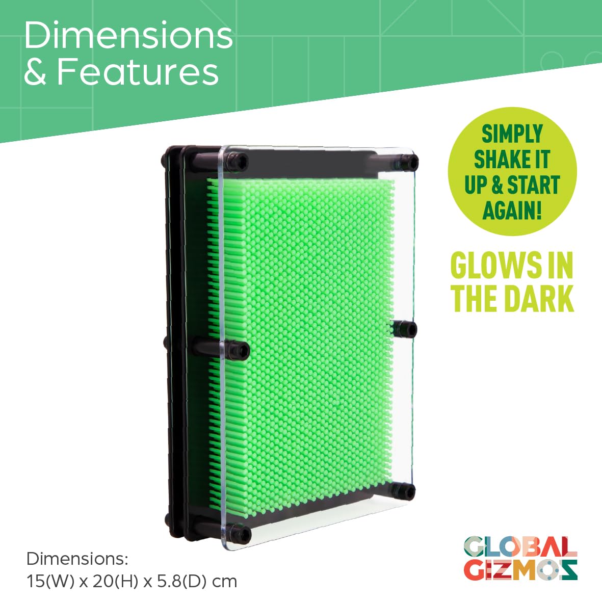 Global Gizmos Glow in the Dark Pin Art Impression Toy | 18cm x 13cm Desktop Sculpture Gadget | Ages 3+ 3