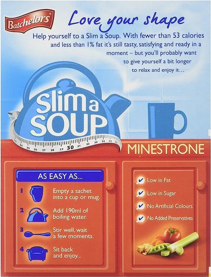 Batchelors Slim a Soup Minestrone Instant Soup - 36 Sachets Total (9 Boxes of 4) | 61g Pack Size 7