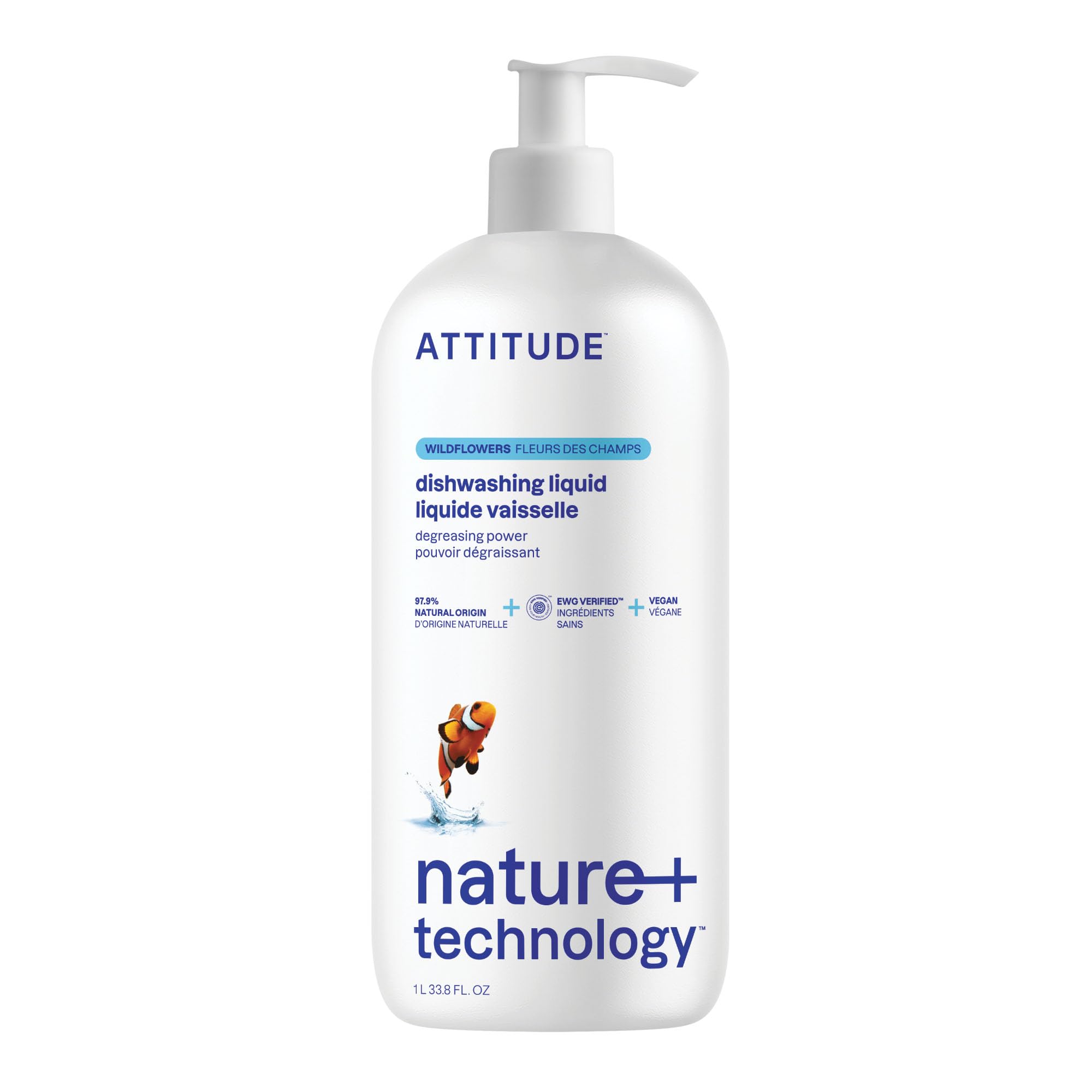 ATTITUDE EWG Verified Plant-Based Dish Soap Liquid, Wildflowers Scent, 1 L