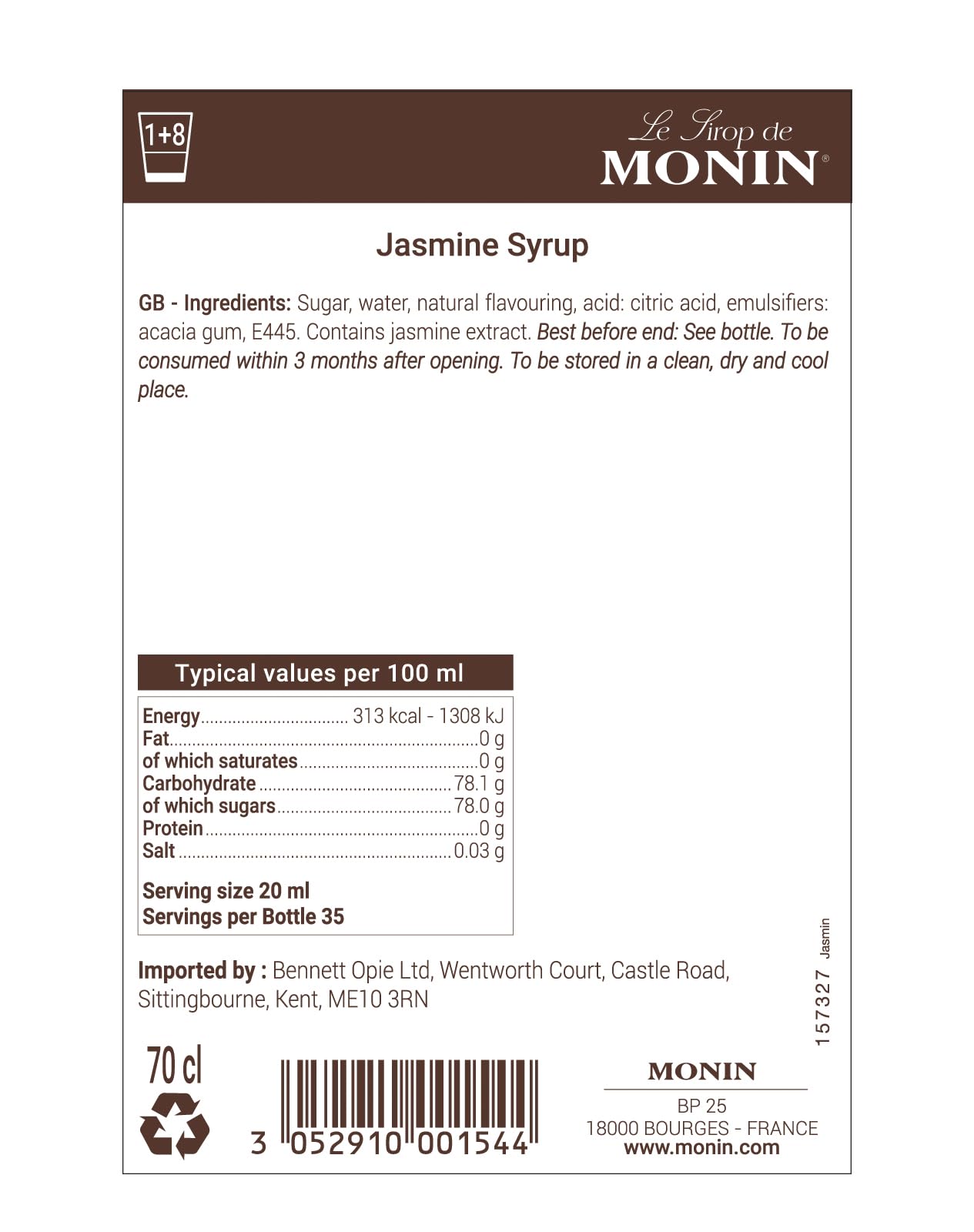 Monin Premium Jasmine Syrup - Floral Notes for Cocktails & Mocktails | 700ml Glass Bottle 4