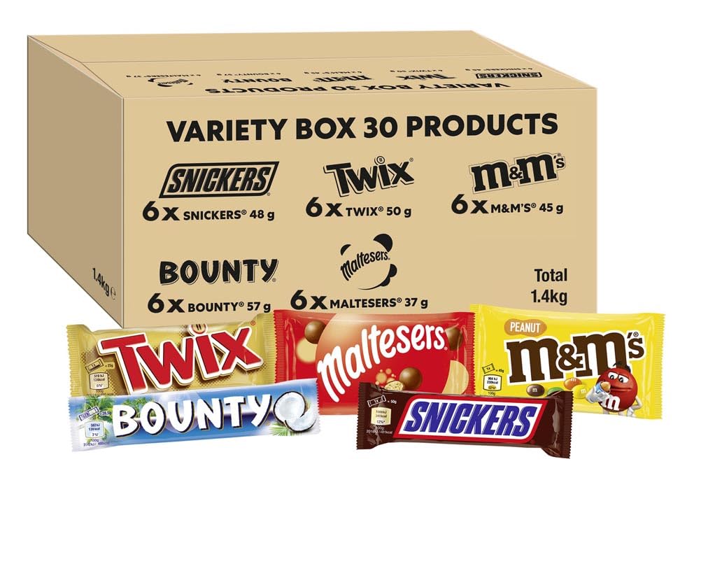 Gemischte Schokoladenschachtel mit Snickers, Twix, M&amp;M's Peanuts, Maltesers und Bounty – 30 Riegel in voller Größe