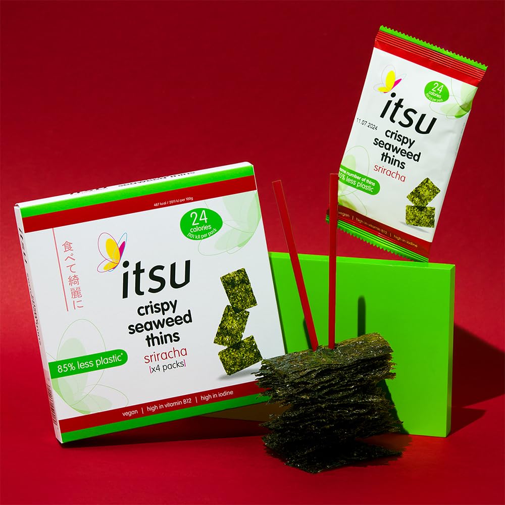 itsu Seaweed Thins Sriracha Seasoned - 32 Pack of 5g Crispy Vegan Snacks | Low Calorie 3