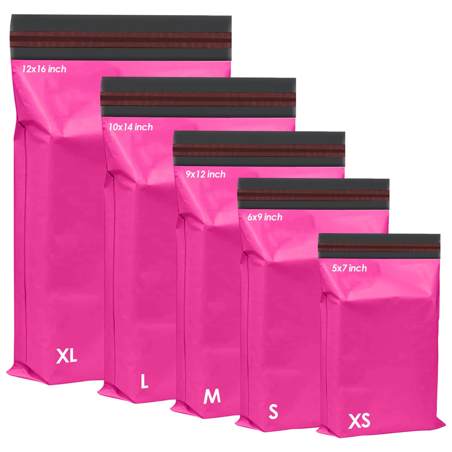 iSOUL 125 Assorted Hot Pink Poly Mailing Bags - 5 Sizes, Self-Seal, Water Resistant | 60 Micron