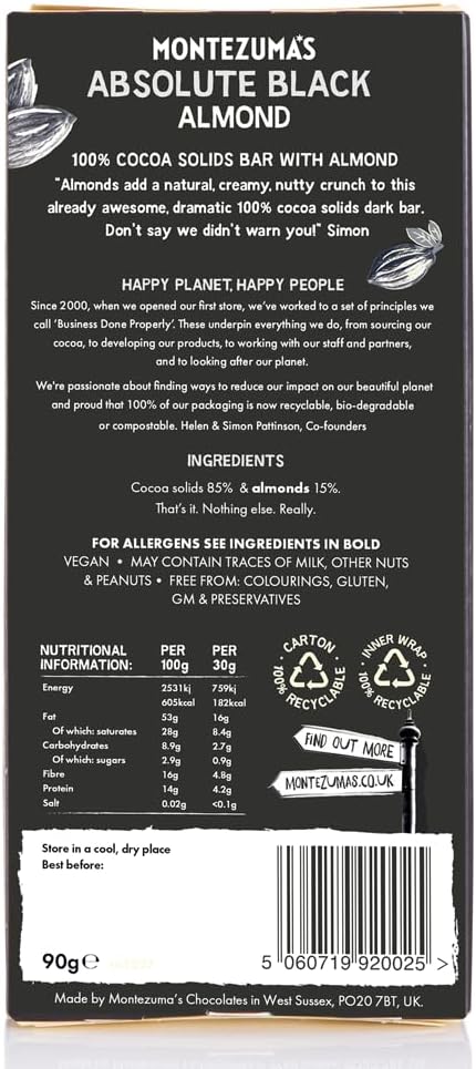 Montezuma - Absolute Black 100% Kakao Zartbitterschokolade mit Mandeln 90g Tafel 6