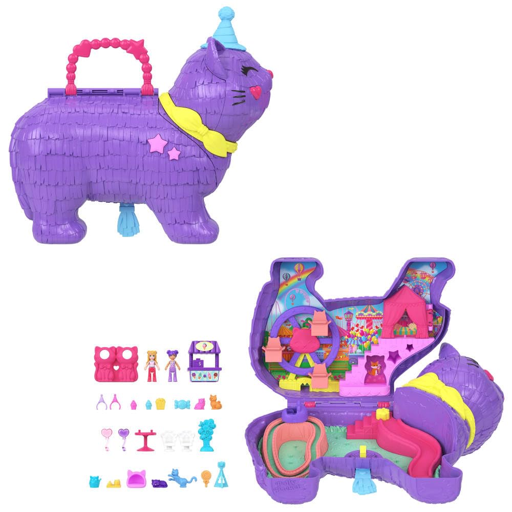 Polly Pocket Celebration Kitty Playset with 2 Micro Dolls & 23 Accessories - Ages 4+