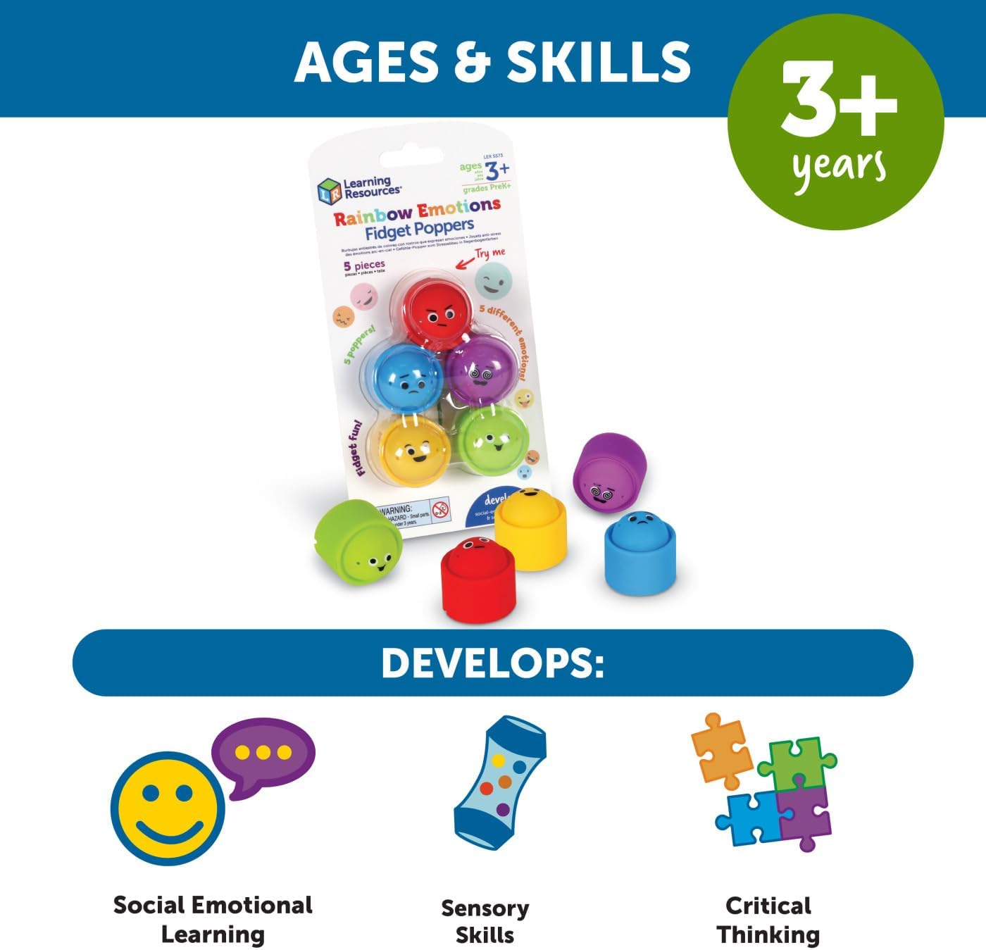 Learning Resources Rainbow Emotion Fidget Poppers - 5-Piece SEL Sensory Toy for Ages 3+ 3