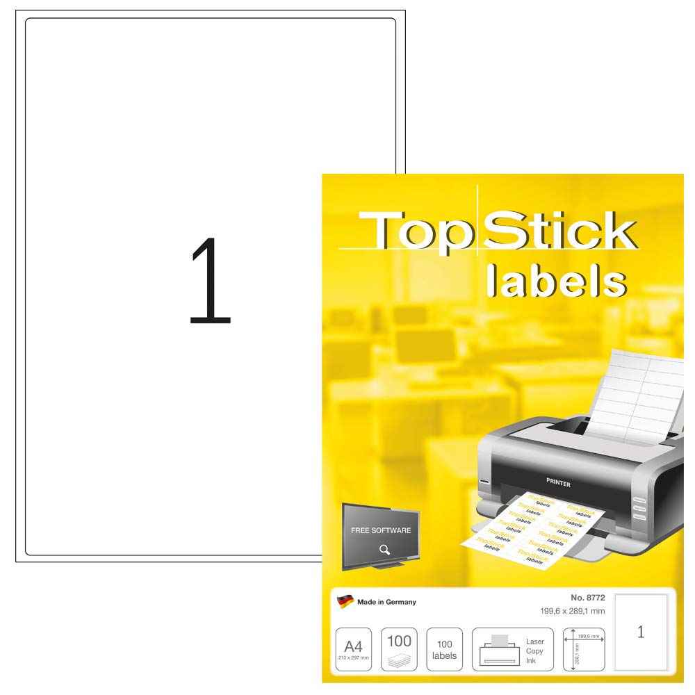 TopStick 8772 Parcel Shipping Paper Labels - 1 Label per A4 Sheet | 199.6 x 289.1 mm | 100 Sheets
