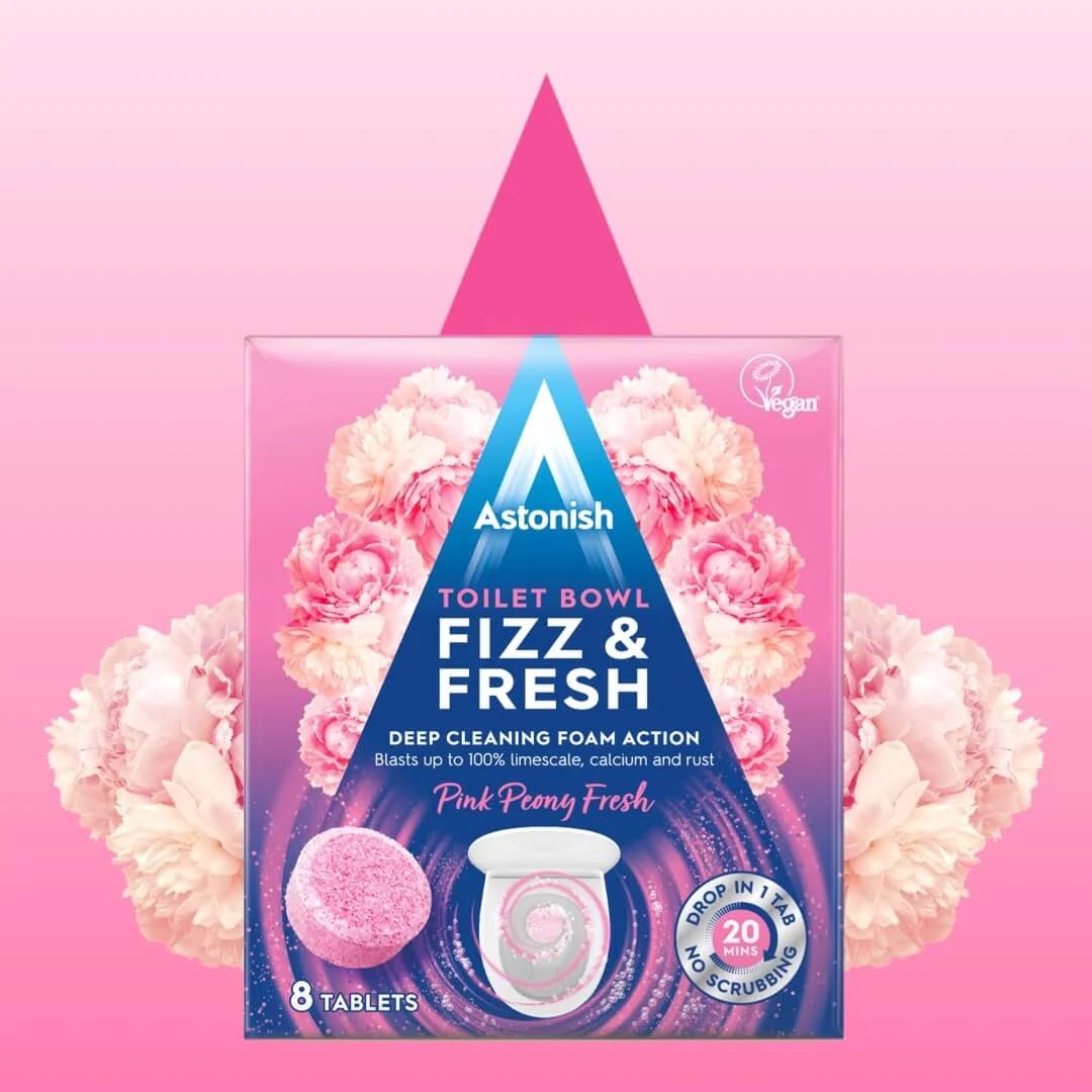 Astonish Toilet Bowl Fizz & Fresh Tablets - Deep Cleaning Foam Action, Pink Peony Fresh Scent | 8 Count