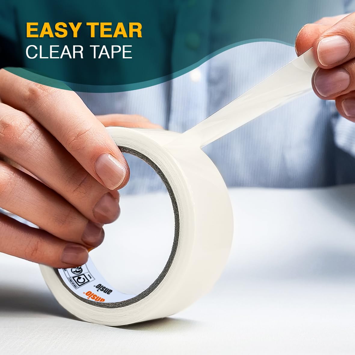 ANSIO Easy Tear Clear Cello Tape - 24mm x 50m Rolls | Pack of 6 | Transparent Office Tape