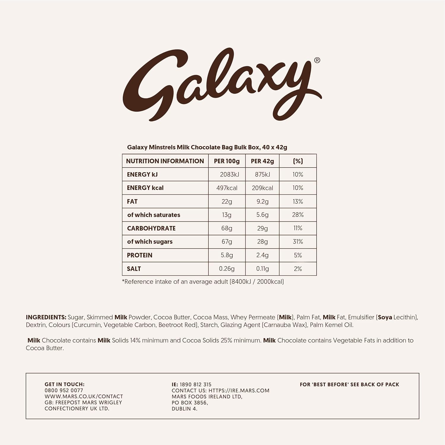 Galaxy Minstrels Milchschokolade, Großpackung – 40 Beutel à 42 g, zarte Schokolade mit knuspriger Zuckerhülle 5