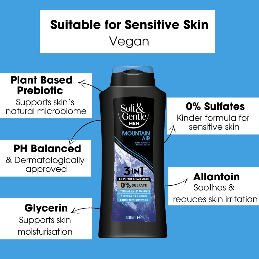 Soft & Gentle Men Mountain Air 3 in 1 Sulfate Free Shower Gel | 400ml | Dermatologist Approved 3