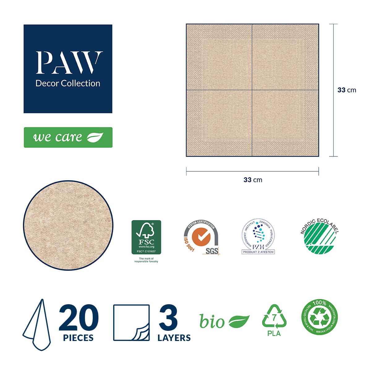 PAW Decor Collection Napkins 3-Ply - 20 Pieces | 33 x 33 cm | Brown Recycled Paper 6