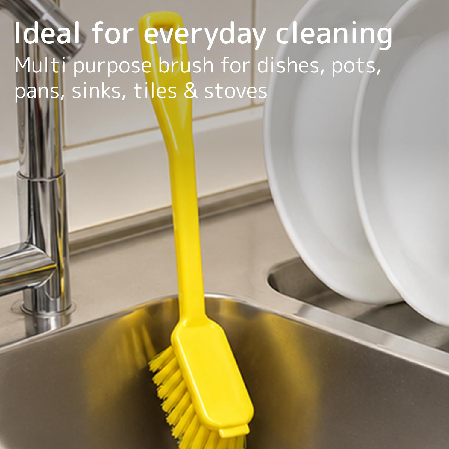 ABENA Yellow Dishwashing Brush - 27cm Long Handle | Stiff Nylon Bristle | Built-In Scraper 6
