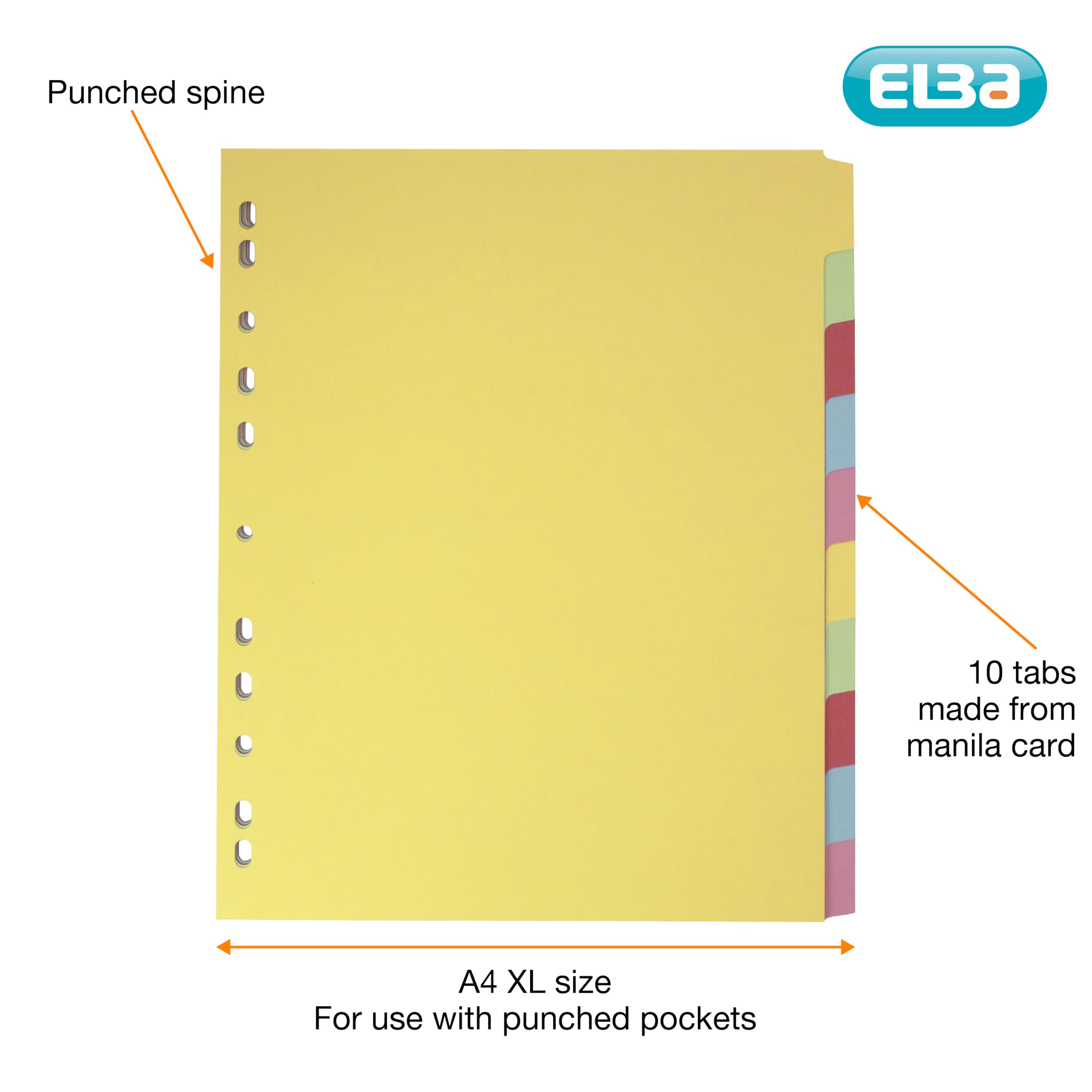 Elba A4+ 10 Part Card Dividers, Assorted Color, 5 Packs of 10 | Durable Cardboard Filing System 3
