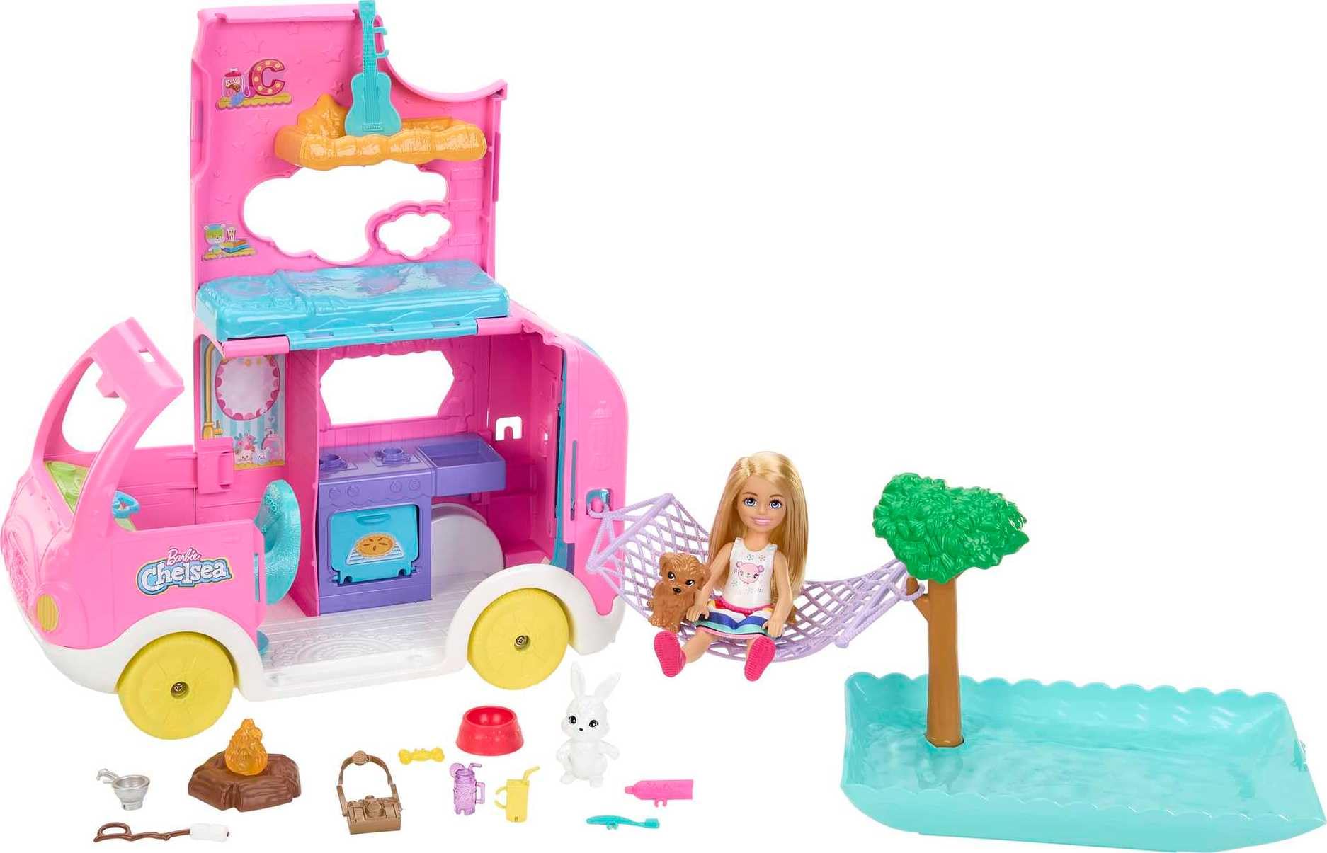 Barbie Chelsea 2-in-1 Camper Playset - Transforming Vehicle with Doll, 2 Pets & 15 Accessories for Kids 3+ 8