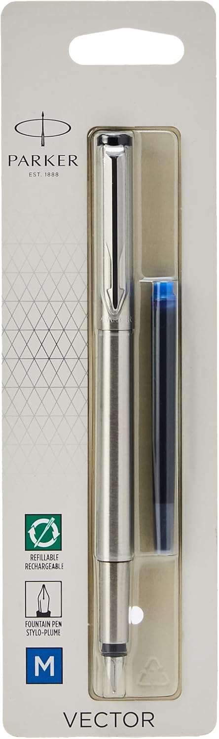 Parker Vector Fountain Pen | Stainless Steel with Chrome Trim | Medium Nib | Blue Ink | Hangtab