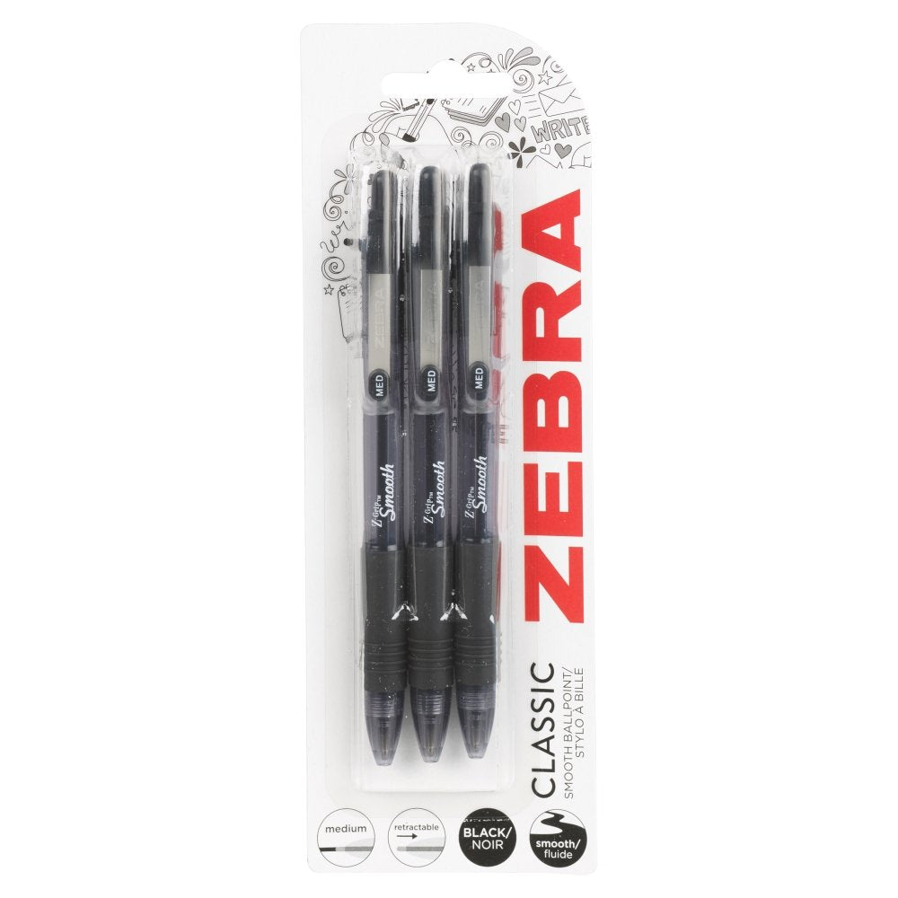 Zebra Pen Classic Smooth Ballpoint Pen - Low Viscosity Ink | Comfort Grip | Black Ink | 3 Count