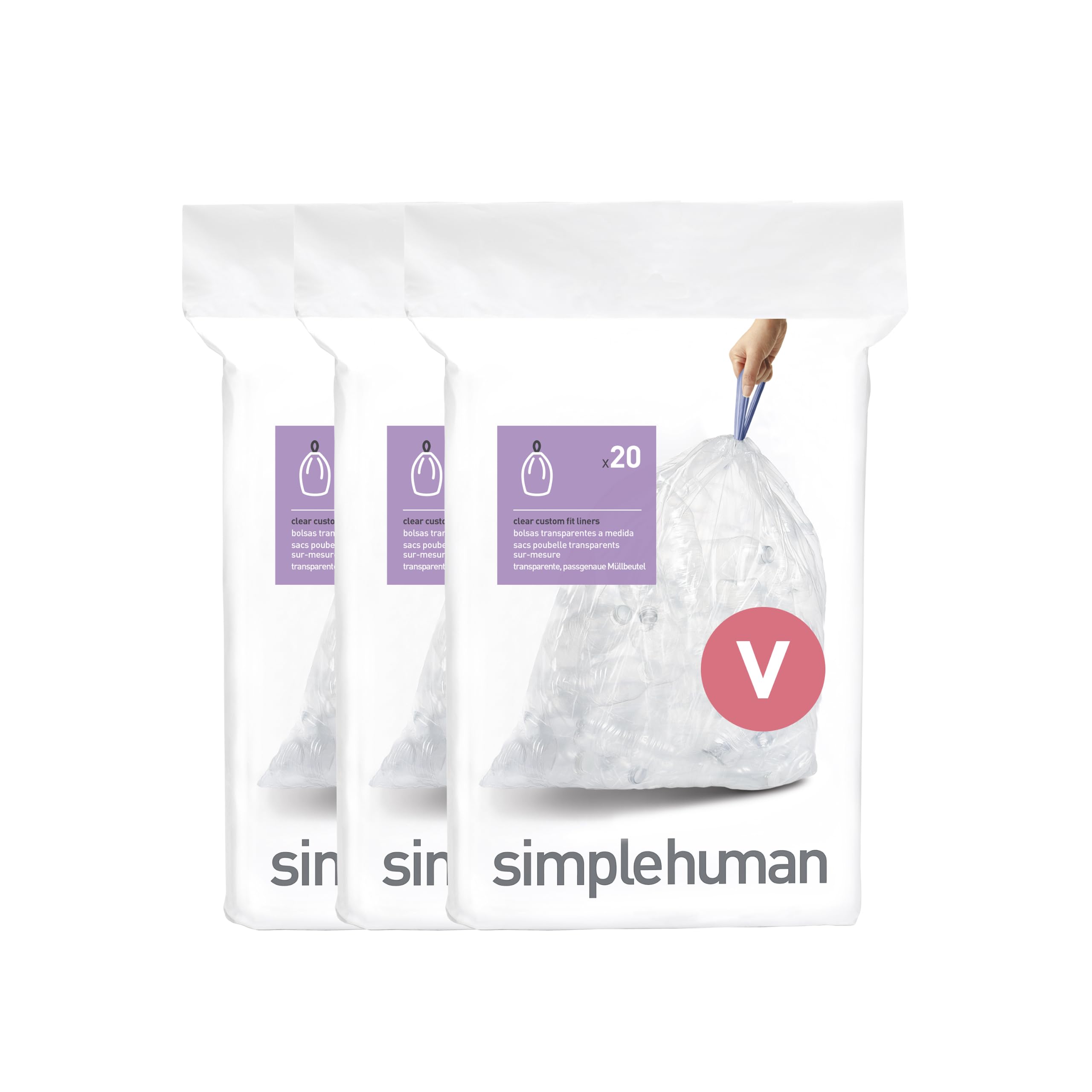 simplehuman Code V Custom Fit Bin Liners - 18 Litre Capacity, Clear Plastic, Pack of 3 (60 Liners Total) 1