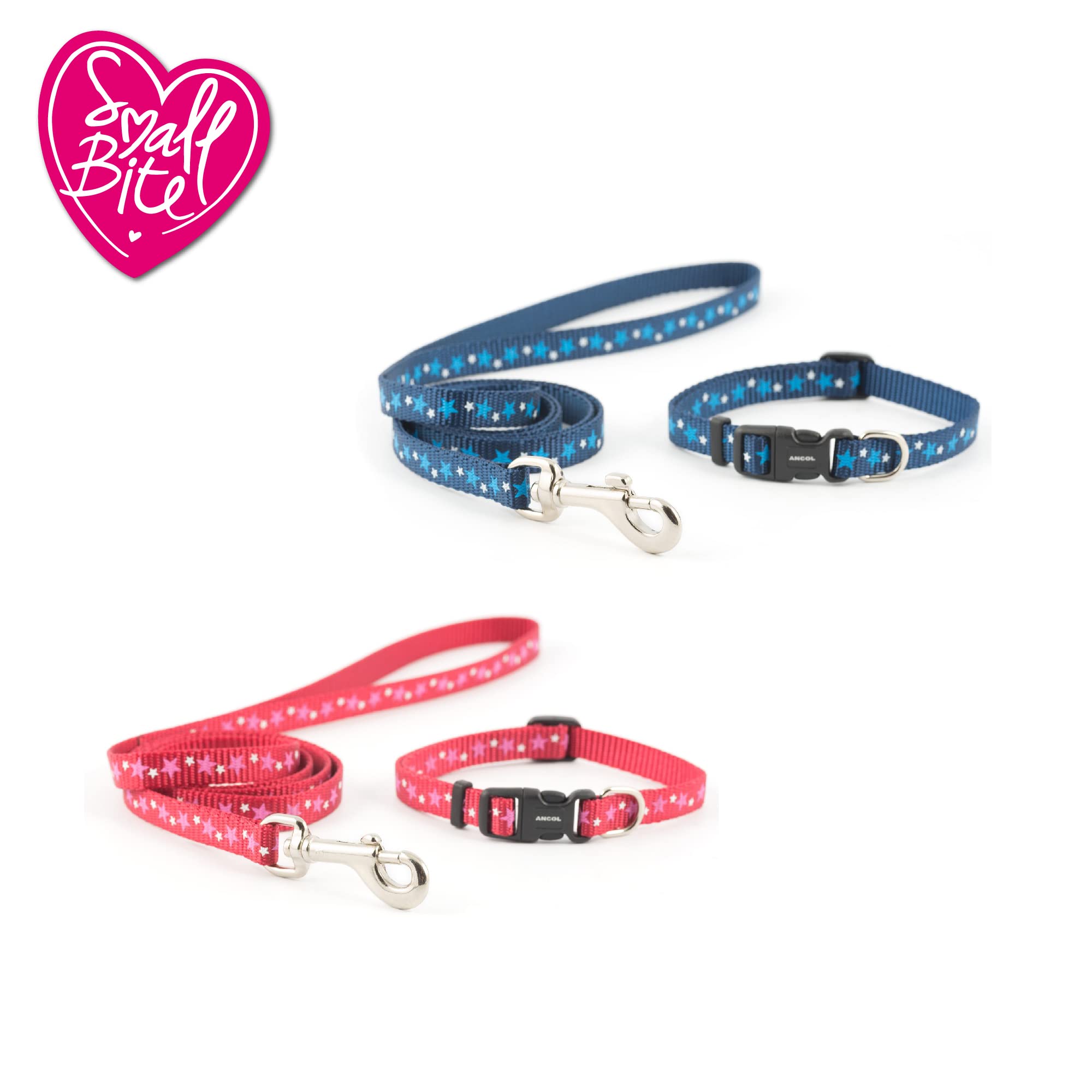 Ancol Small Bite Stars Collar & Lead Set Blue | Adjustable 20-30cm Collar | 1m Lead 5