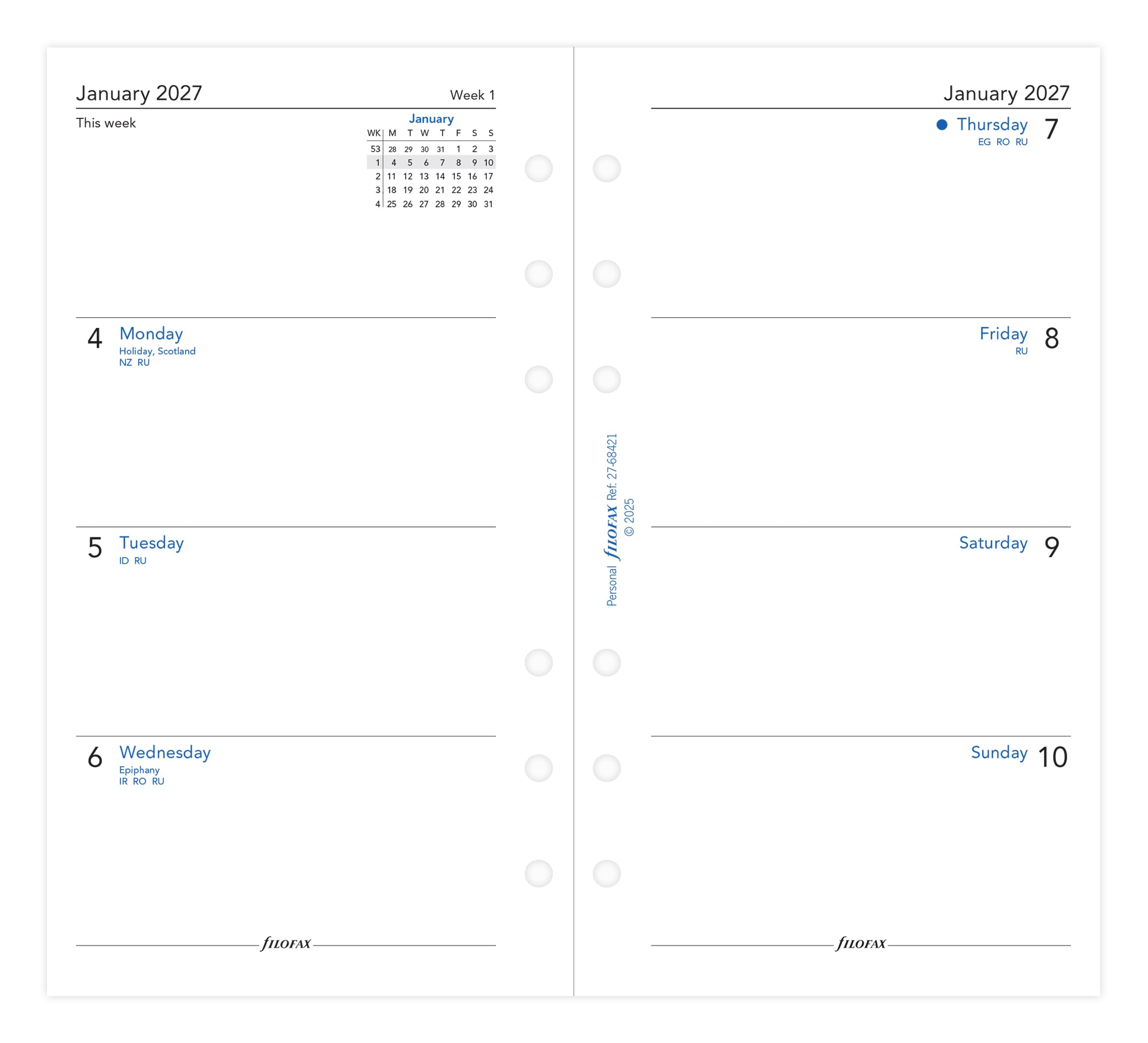 Filofax Personal 2027 Diary Refill - Week on Two Pages, English | 95mm x 171mm