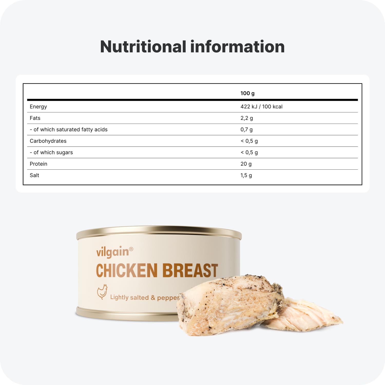 Vilgain Chicken Breasts with Salt and Pepper - 100g Tin | 98% Chicken Breast | 20g Protein 6