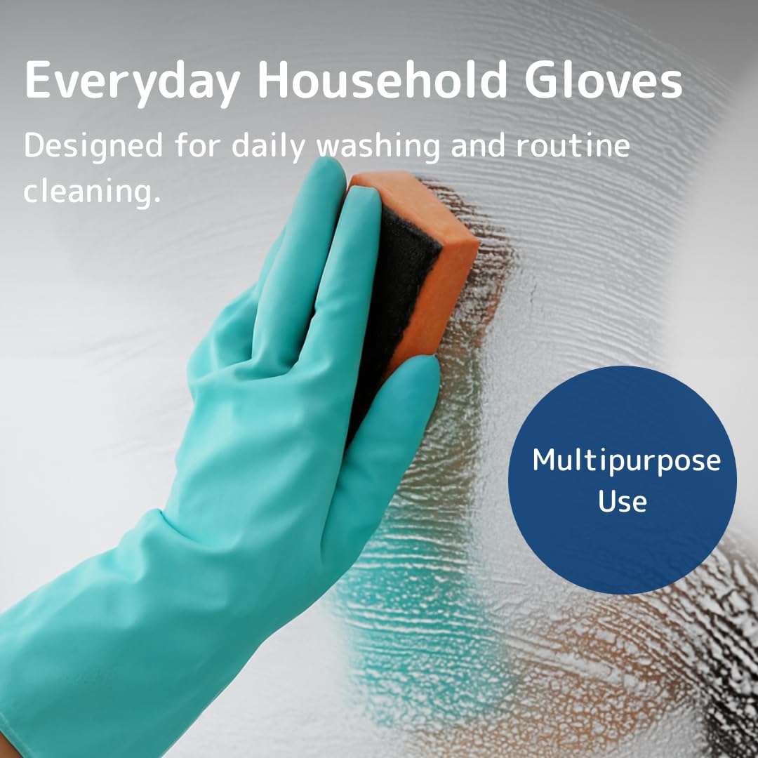 Essentialz Heavy Duty Latex Household Gloves - Green, Medium Size, Reusable Protection 6