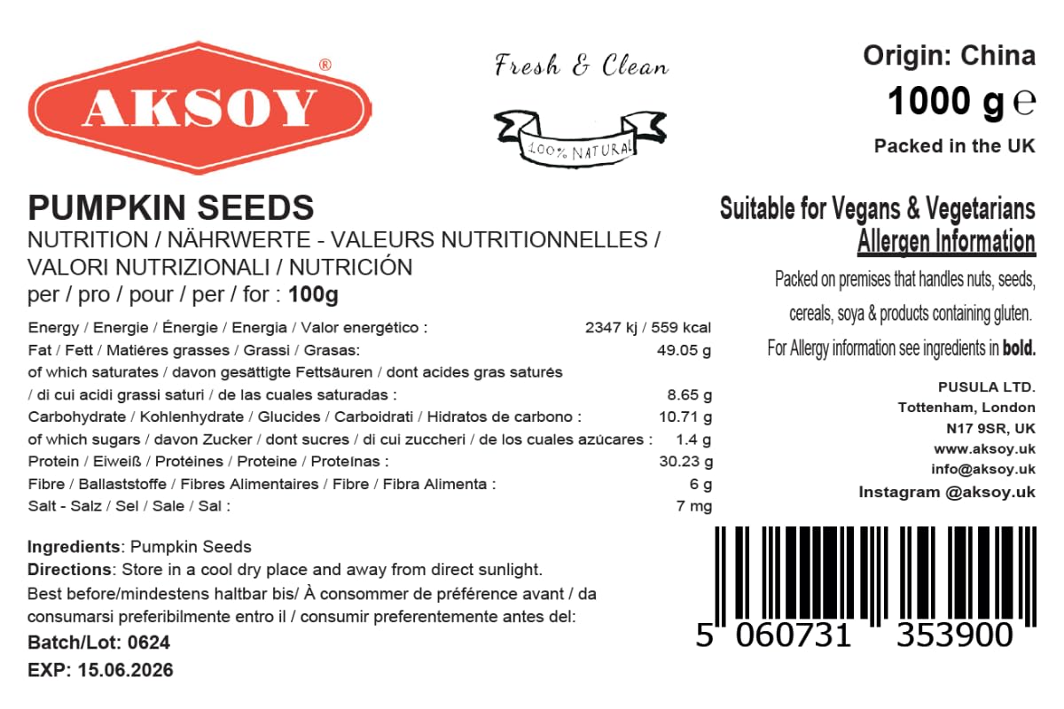 AKSOY Raw AA Grade Pumpkin Seeds - Premium Quality, GMO-Free, Vegan | 1kg 7