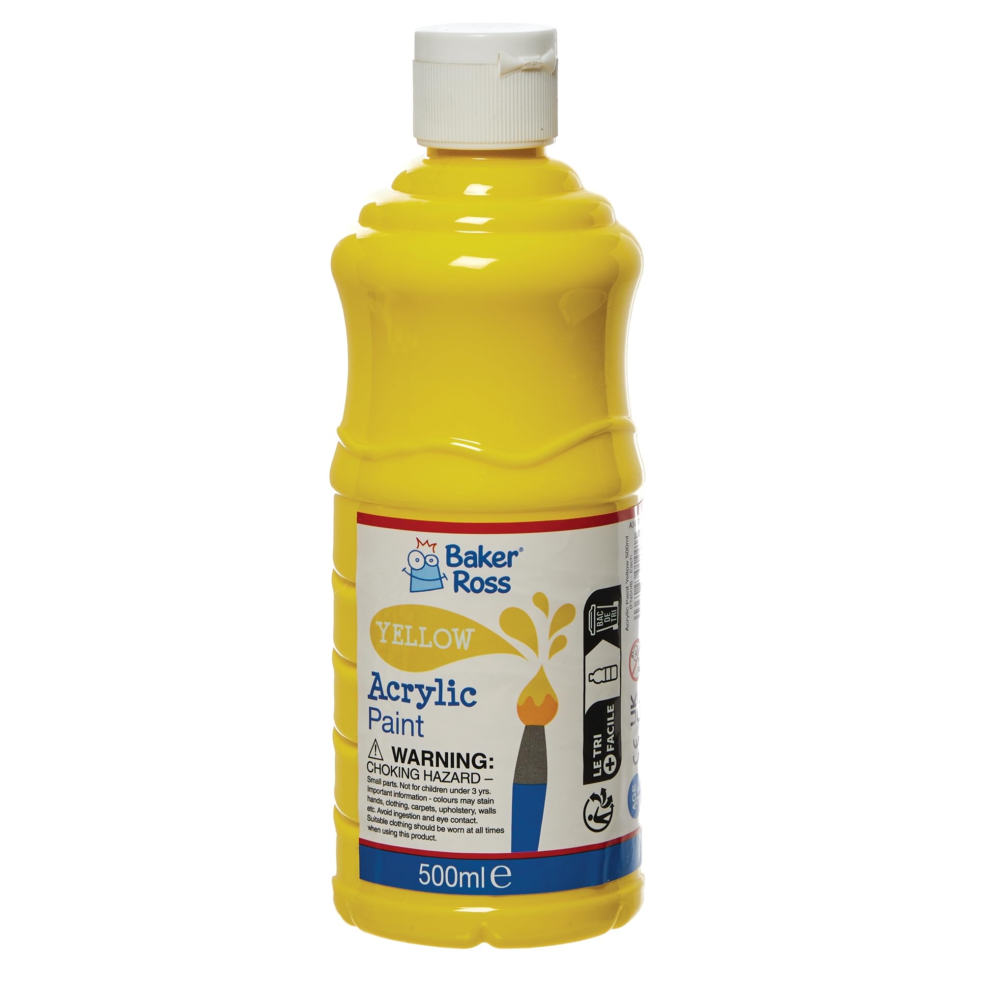 Baker Ross Yellow Acrylic Paint 500ml - Water-Based Washable Paint for Kids | Gloss Finish