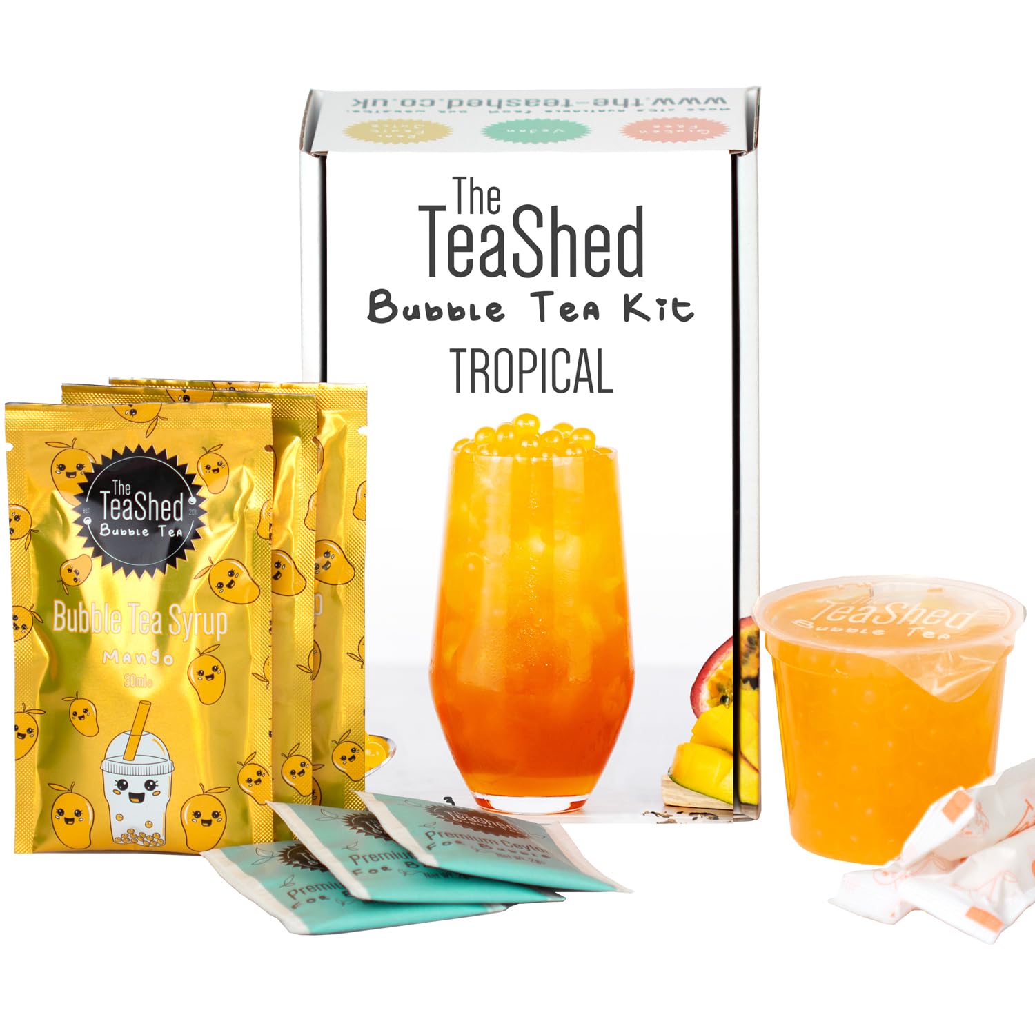 The TeaShed Bubble Tea Kit Gift Box | Tropical Mango & Passion Fruit Popping Boba | 3-Serve Set with Ceylon Tea 1
